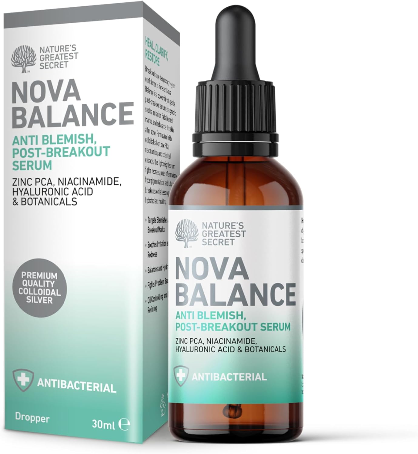 Nature's Greatest Secret Nova Balance Anti-Blemish Post-Breakout Serum 30ml | With Zinc PCA, Niacinamide, Hyaluronic Acid & Botanicals
