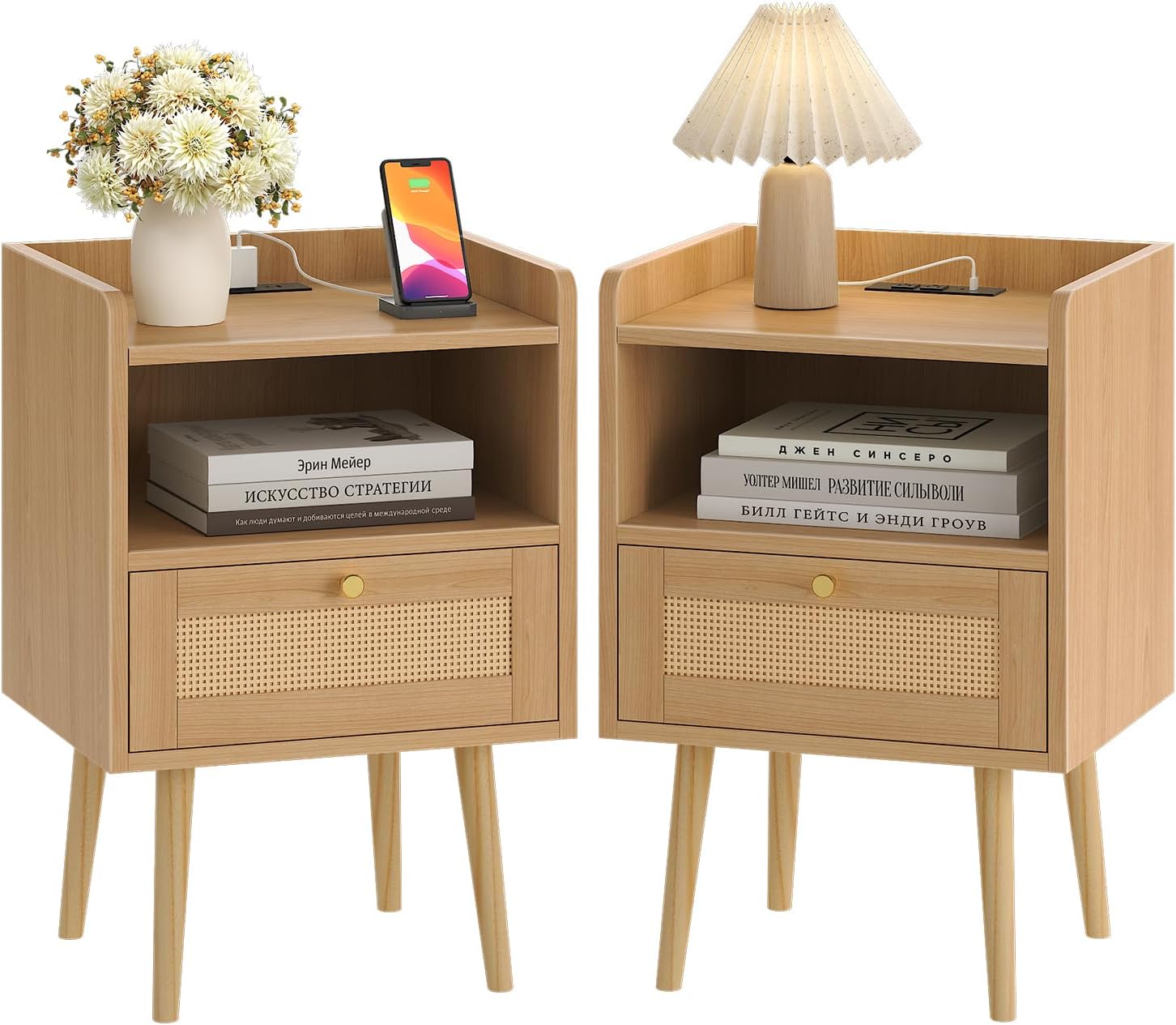 Night Stand Set of 2, Bedside Tables with Charging Station, Rattan End Tables, Boho Bed Side Tables, Wood Nightstands Set of 2 for Farmhouse Bedroom Living Room Dorm Sofa Couch Office Corner