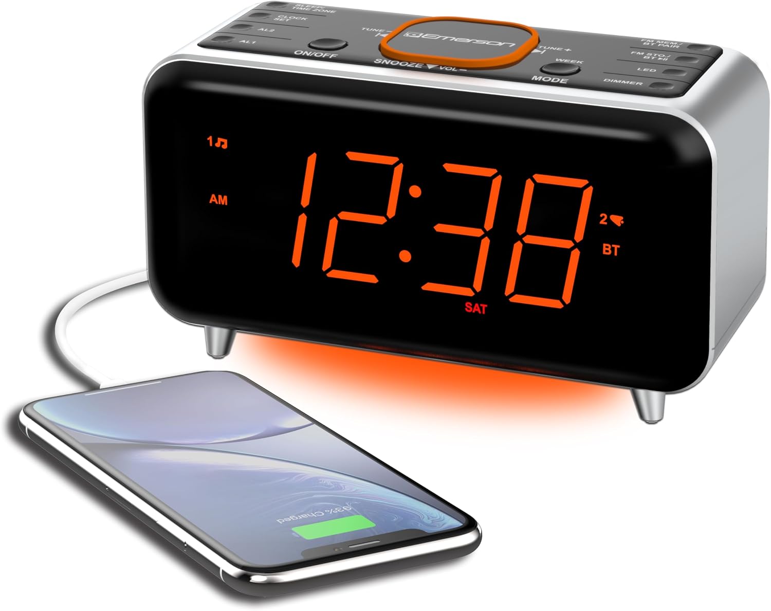 Emerson SmartSet Bluetooth Dual Alarm Clock Radio, USB Charging (1.5A 5V), Large LED Display, Auto Time and Day Set, FM Radio, 3 Alarm Modes, Aux Input, CKS1521