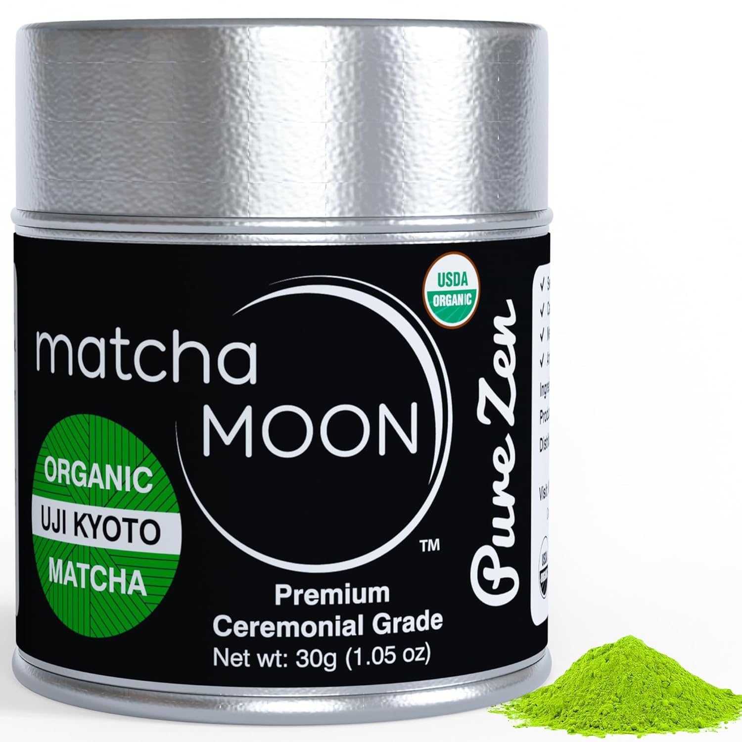 Matcha Moon Pure Zen - Premium USDA Organic Ceremonial Grade Matcha Green Tea Powder, 30g Tin - Uji Kyoto Sourced, First Harvest, Traditional Japanese Tea