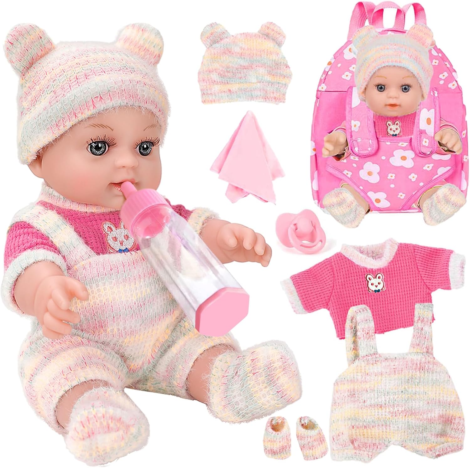12'' Baby Doll with Backpack in Gift Box, Baby Doll Accessories Set Included 12 Inch Realistic Baby Dolls, Clothes, Baby Carrier, Washcloth, Bottles, Nipple, Socks, Hats for 3+ Child Girls Gifts