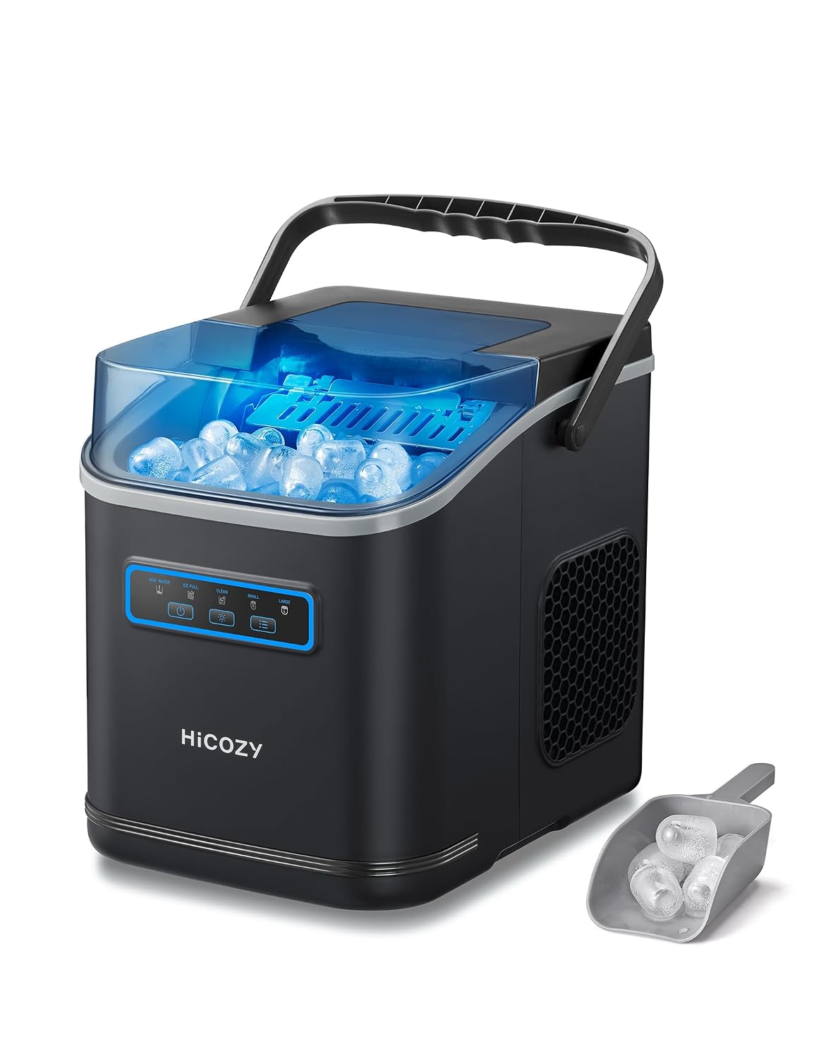 HiCOZY Clear View Ice Maker Countertop, Self-Cleaning Ice Machine with Ambient Lights, Ice in 6Mins, 26 lbs/Day, 2 Sizes of Bullet Ice for Apartment/Kitchen/Office/Home Bar(Black)
