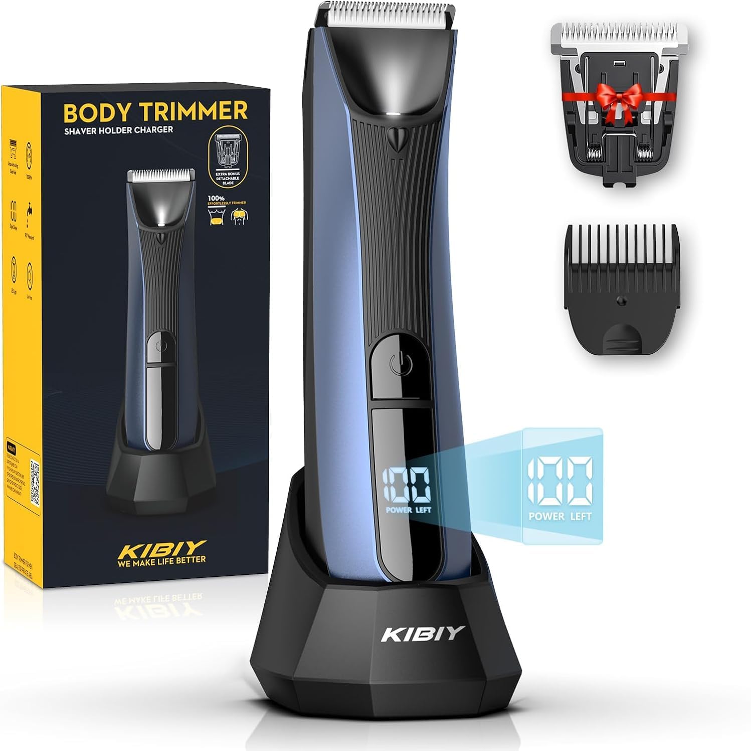 Kibiy Body Groomer Men, Electric Groin Hair Trimmer, Waterproof Pubic Hair Trimmer with Replaceable Ceramic Blade Heads, LED Light and Display, Standing Recharge Dock, Blue