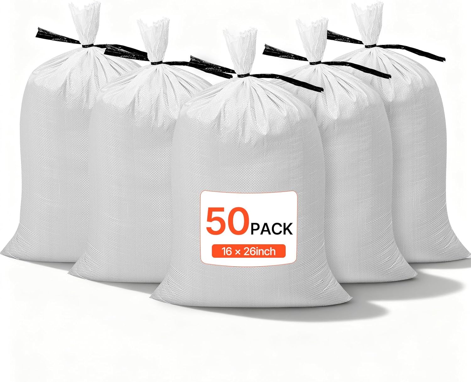 VEVOR Heavy Duty Sand Bags, 50Pack 14" x 26", Empty Sandbags for Flooding with Tie Strings, Woven Polypropylene Sand Bag with 1600 Hours of UV Protection, 50Lbs Capacity