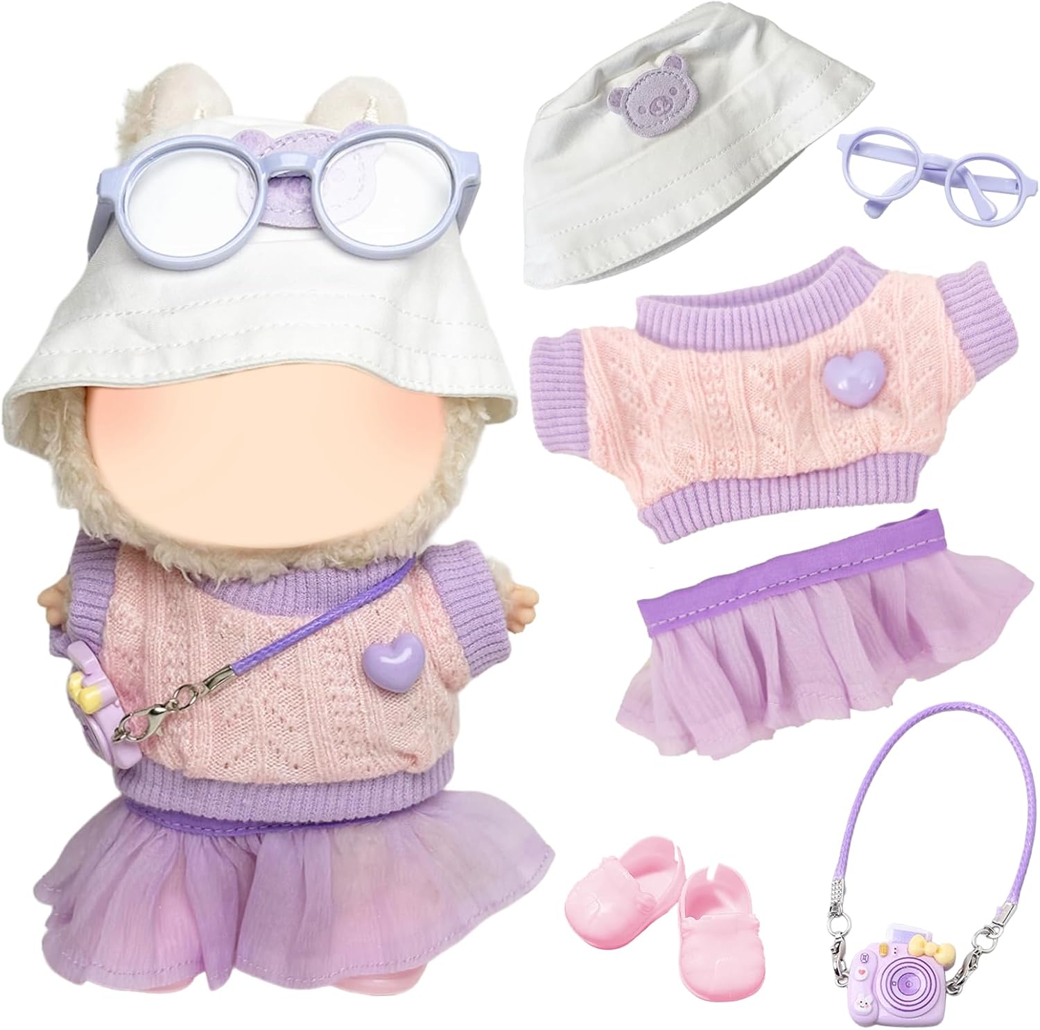 6Pcs Doll Clothes Compatible with Labubu 17cm Plush Dolls, Include 1 Top 1 Dress 1 Fisherman's Hat 1 Camera 1 Glasses 1 Shoes for Dolls Premium Outfit, Birthday Holiday Present for Kids（No Doll）Purple