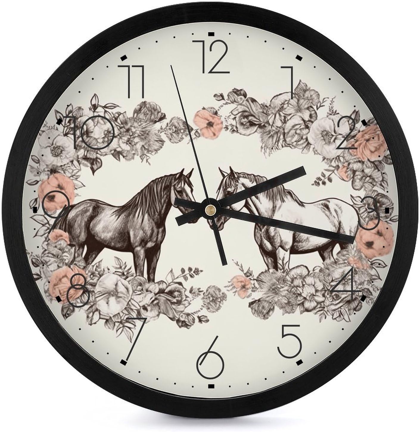 Flowers and Horses Hand Drawn Wall Clock 10 Inch Silent Non-Ticking Modern Clocks Battery Operated for Office, Home, Bathroom, Kitchen, Bedroom