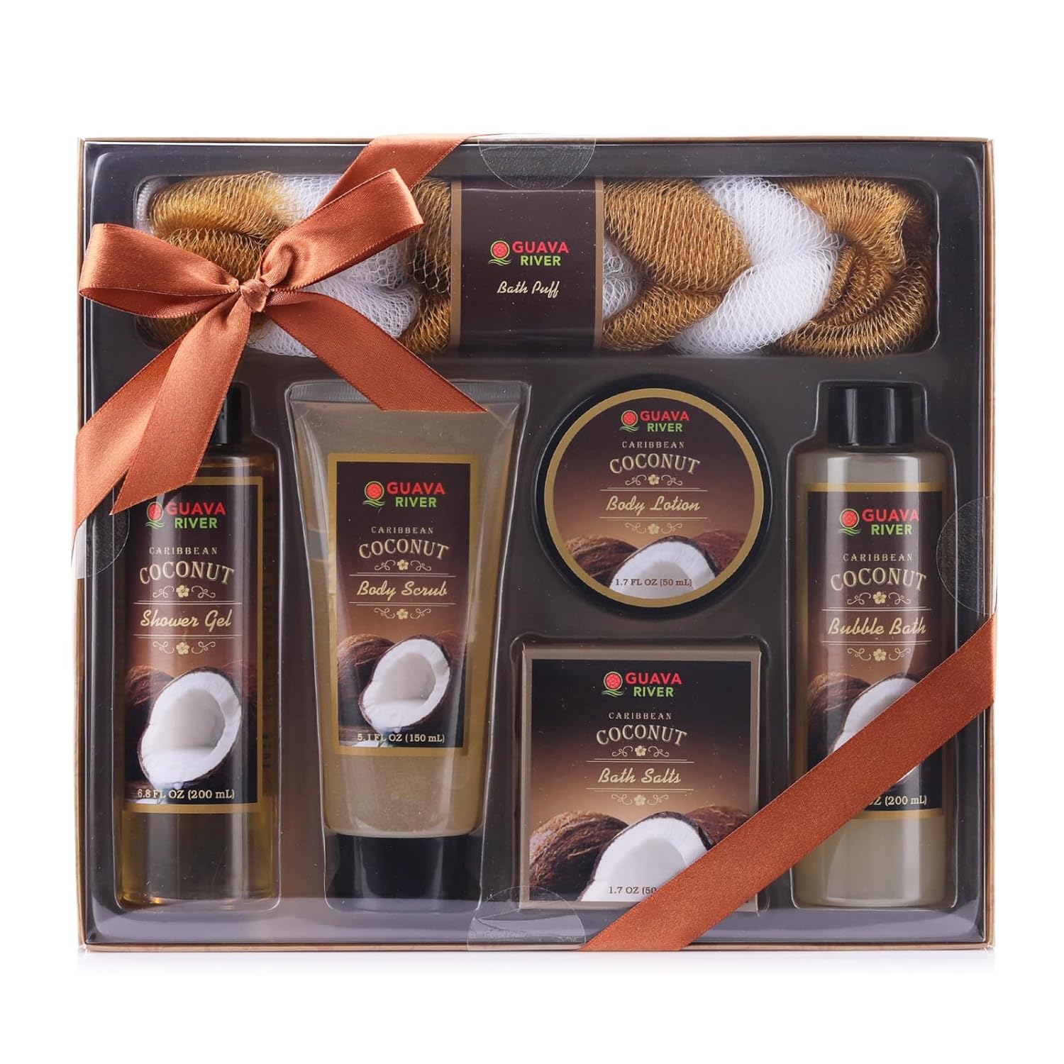 Caribbean Coconut Bath and Body Gift Set for Women. Home Spa set includes shower gel, bubble bath, body scrub, body lotion, bath salt and Loofa
