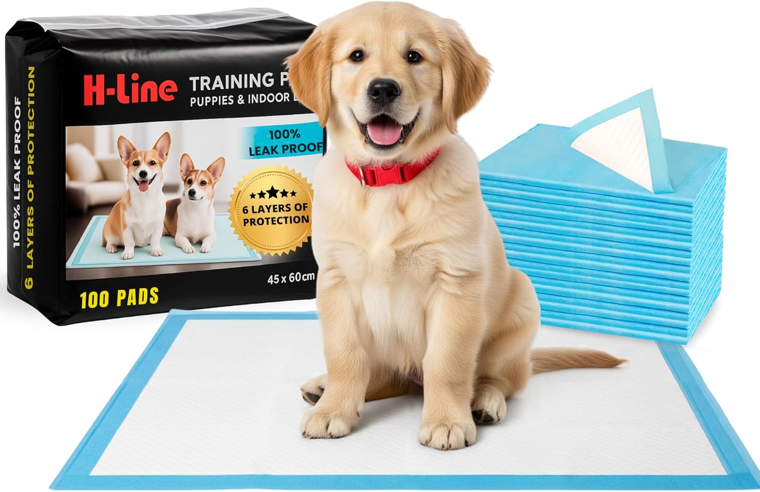 H-line Pack of 100 Quality 6 Layered Pet Dog Puppy Pads Large Absorbent Training Trainer Floor Toilet Disposable Pee Mats [60 x 45] CM