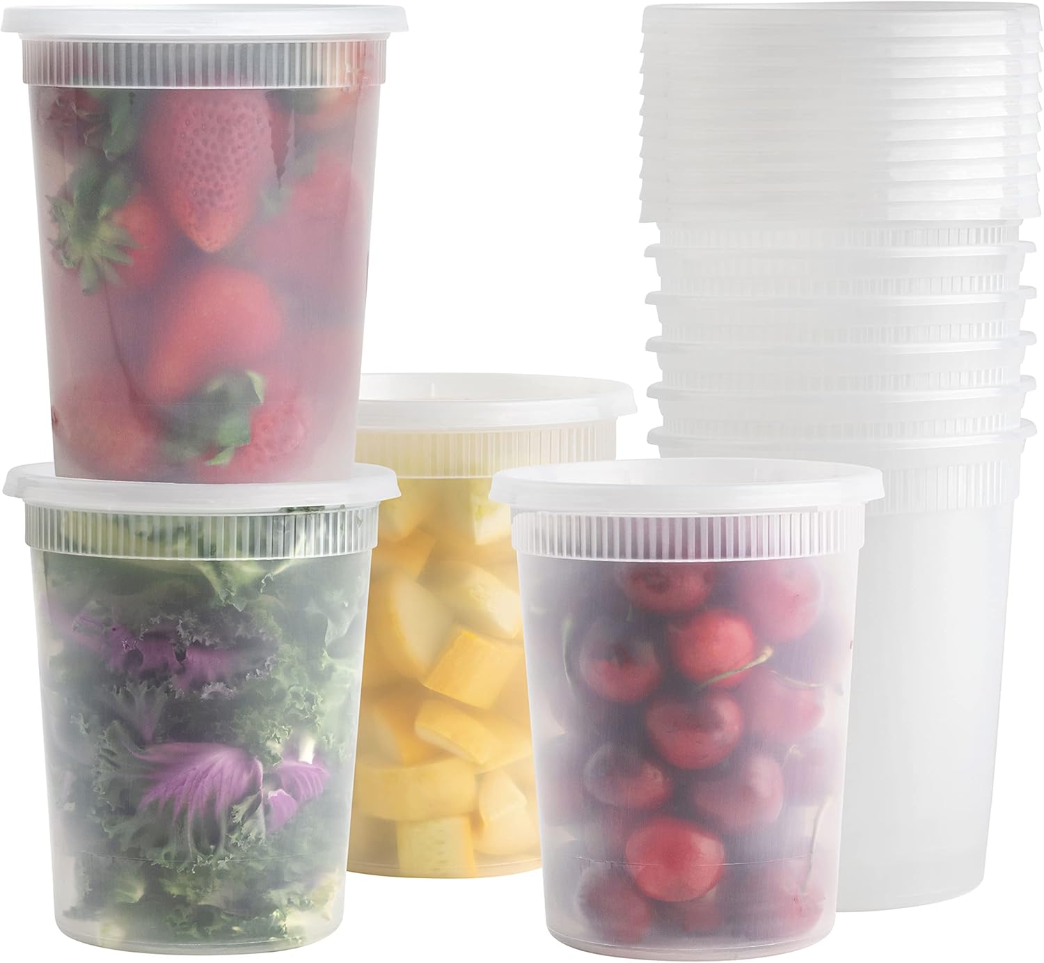 [24 Sets] 32 oz. Plastic Deli Food Storage Containers with Airtight Leak Proof Lids - Reusable - Microwave, Fridge, and Freezer Safe