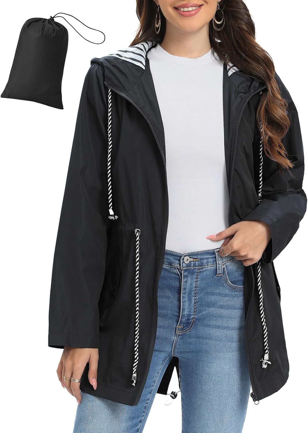 UMIPUBO Womens Waterproof Jacket Lightweight Long Rain Jacket Packable Raincoat Hooded Breathable Functional Windproof Windbreaker with Pocket for Outdoor Hiking Running Camping