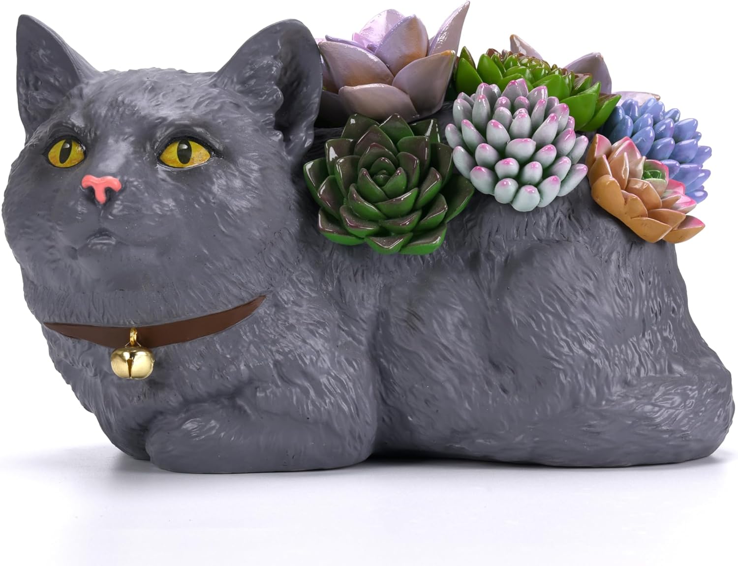 Adorable Resin Cat with 9 Resin Succulents, Ideal Gift for Mother’s Day, Retirement, House Warming, Sympathy, Memorial Etc. (Grey)