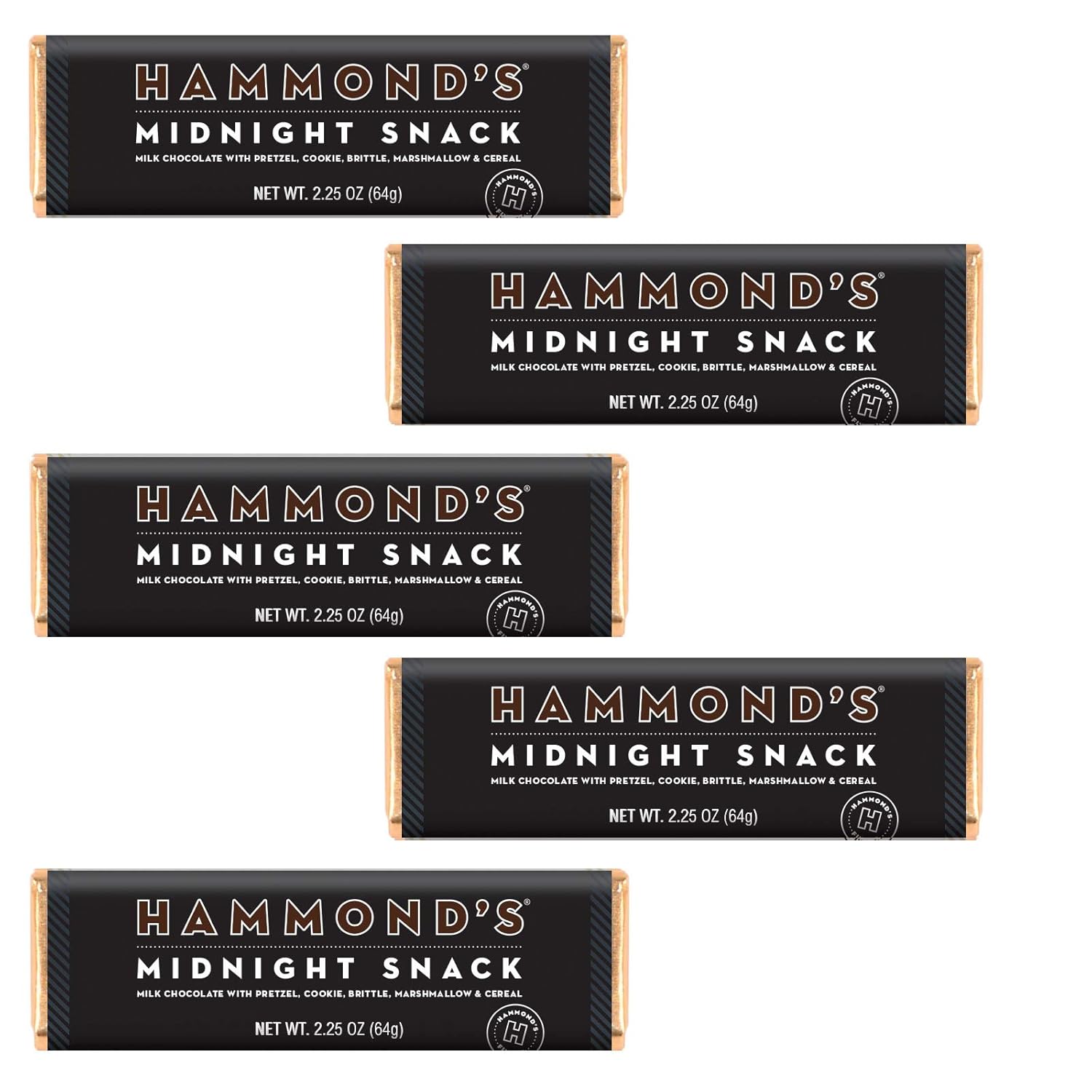 Hammond's Candies Gourmet Chocolate Candy Bars – Midnight Snack | Sweet Milk Chocolate, Pretzel, Cookie, Brittle, Marshmallow & Cereal, Certified Kosher, Handcrafted in the USA | Pack of 5