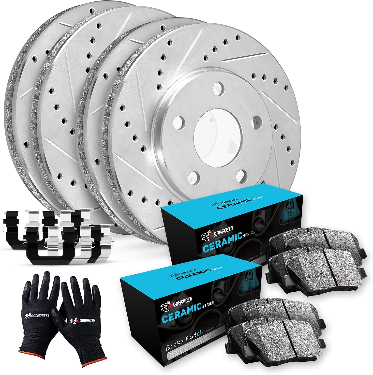 R1 Concepts Front Rear Brakes and Rotors Kit |Front Rear Brake Pads| Brake Rotors and Pads| Ceramic Brake Pads and Rotors |Hardware Kit|fits 1994-1998 Jeep Grand Cherokee
