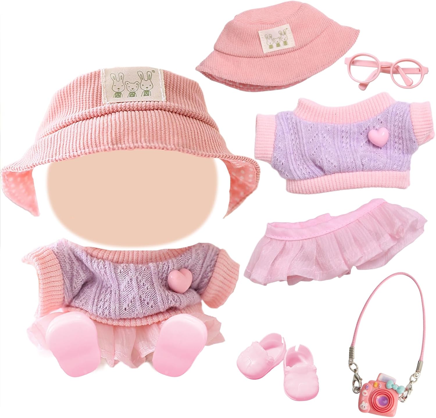 6 Pcs Clothes for 17cm Plush Doll, Pink Love Doll Outfit Accessories Including 1 Tops 1 Dress 1 Hat 1 Glasses 1 Shoes 1 Pendant Doll Clothing Set Replacement NO Doll