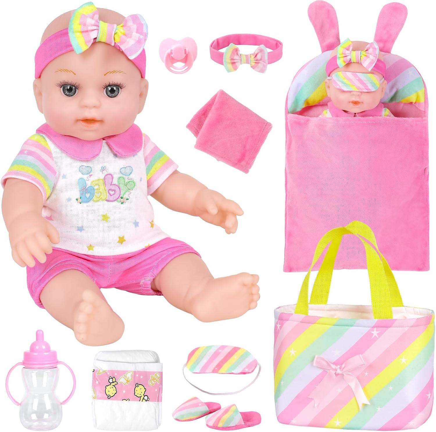 ZNTWEI 12 Inch Baby Doll Playset Sleeping Bag and Rainbow- Themed Doll Accessories, Dolls Toys for 3 Year Old Girls and Boys and Up Included Sleeping Bags, Tote Bags