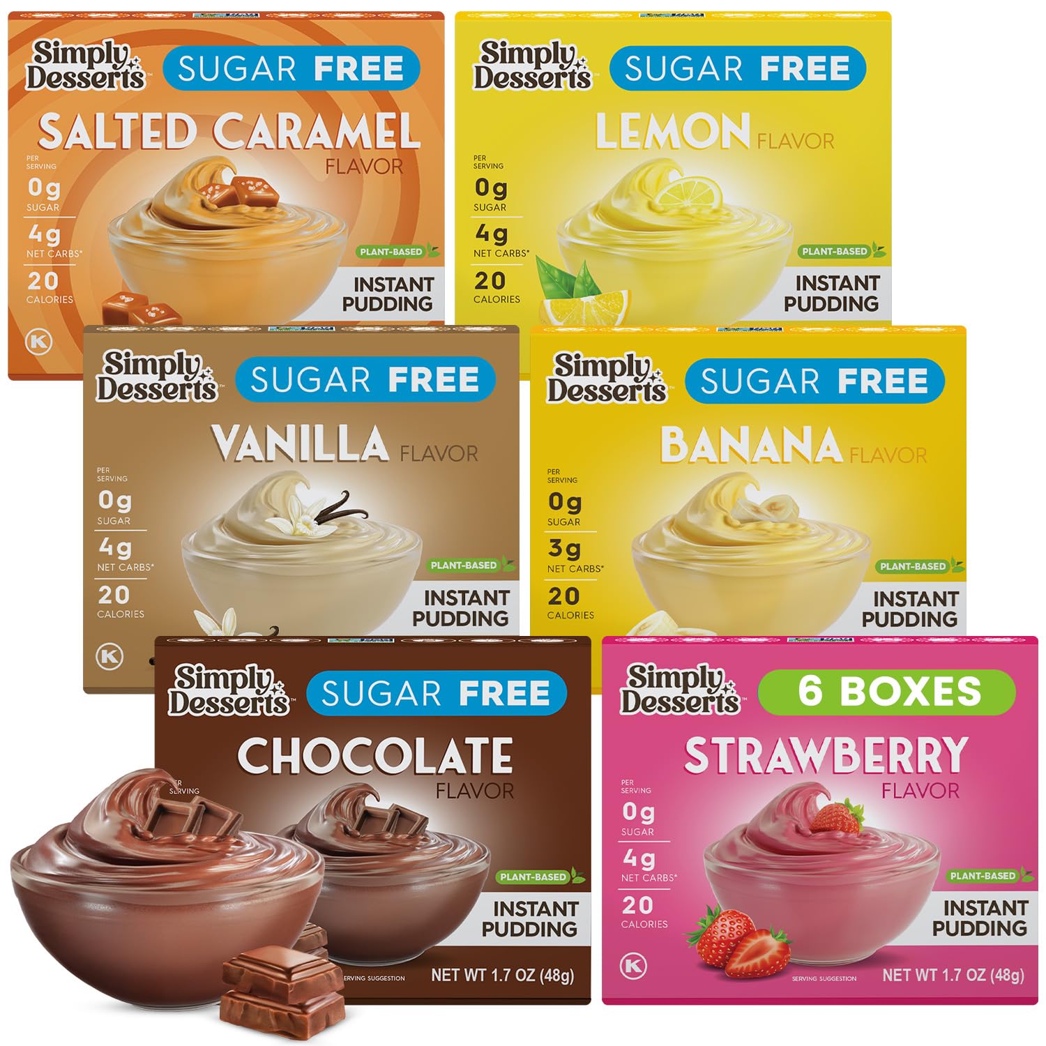 Simply Desserts Strawberry, Chocolate, Vanilla, Banana, Salted Caramel, Lemon Instant Pudding, Sugar-Free, Variety 6-Pack – Healthy Dessert, Keto Snacks, Vegan & Diabetic-Friendly, Kosher, 1.7 Oz Ea