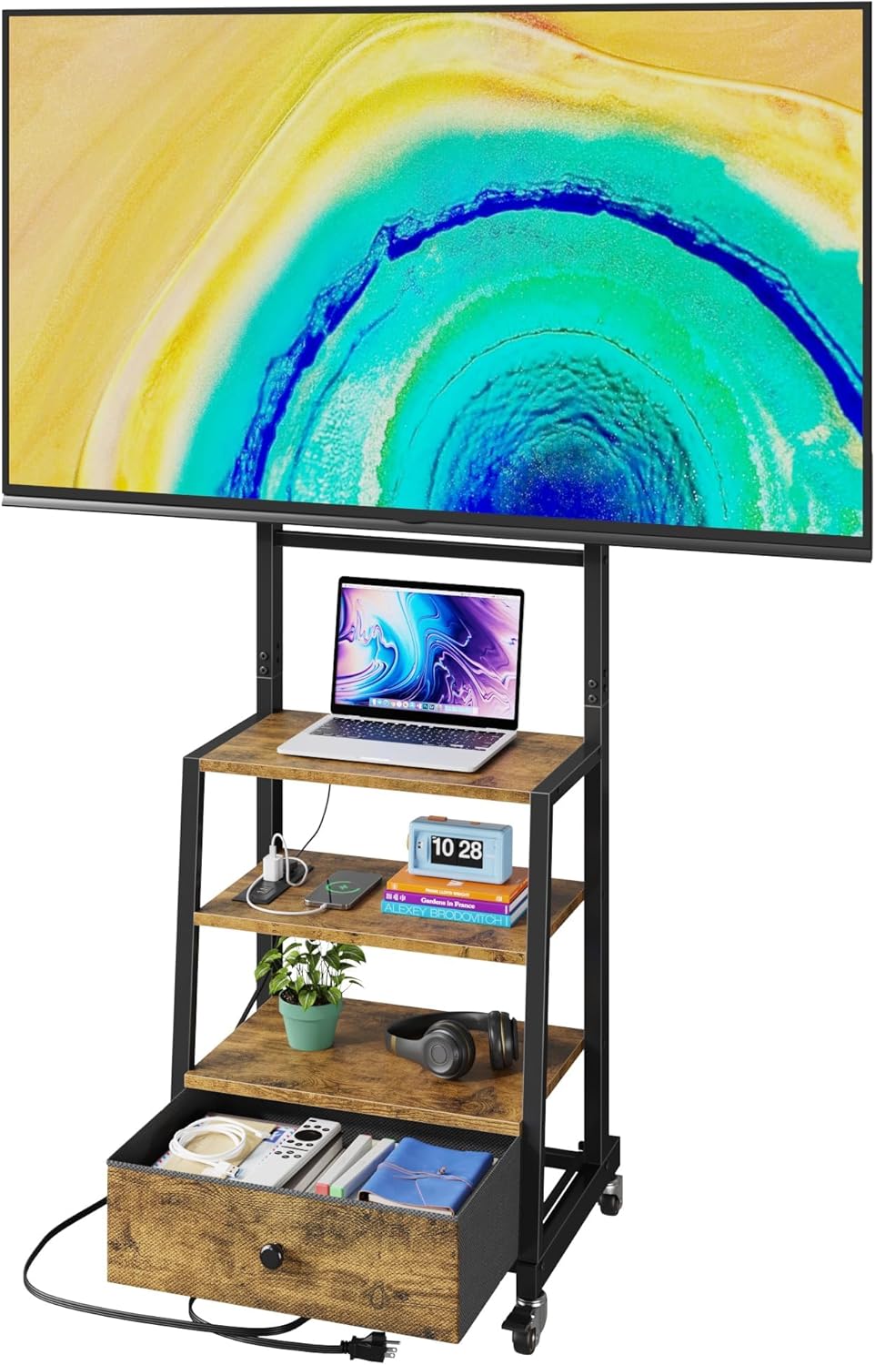 Rolling TV Stand with Wheels and Mount & Fabric Drawer for 32-75" TV - Entertainment Center with Power Outlet and Small TV Stand for Bedroom, Living Room - 18" Rustic Brown (VESA 600mm × 400mm)