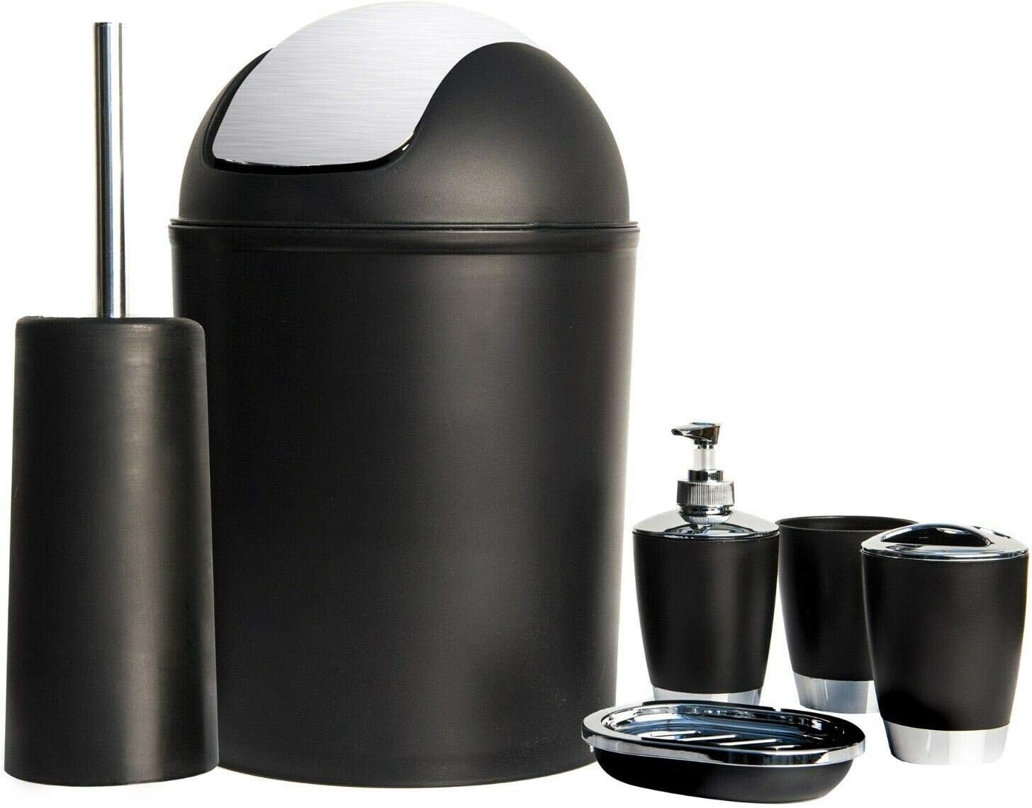 Bathroom Set 6pc Bathroom Accessories Set Bin Soap Dispenser Toothbrush Tumbler (Black)