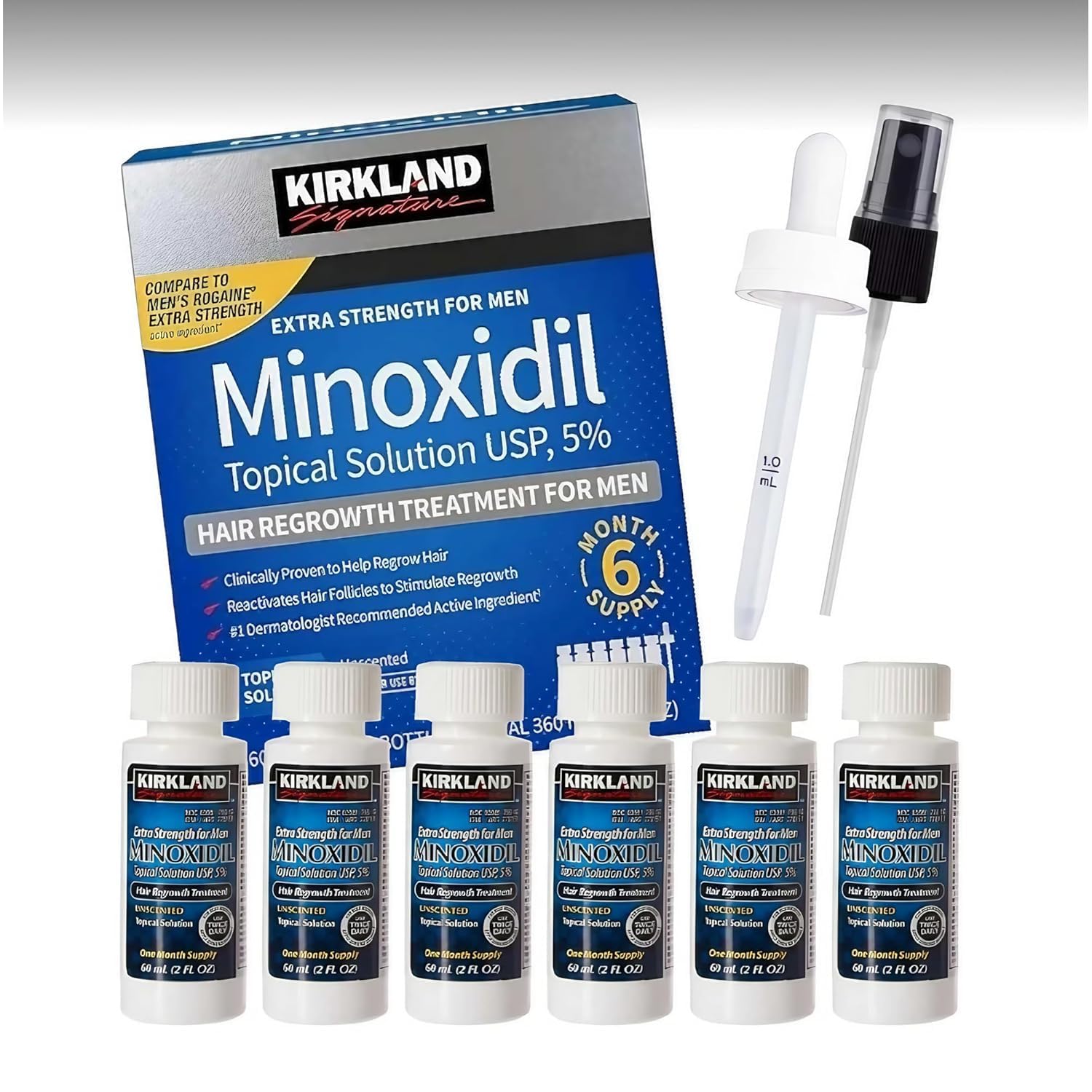 Kirkland Signature,6 Months-Minoxidil 5% Topical Solution Extra Strength Hair Regrowth Treatment for Men- Dropper -Hair Loss Regrowth -Total 12 Oz
