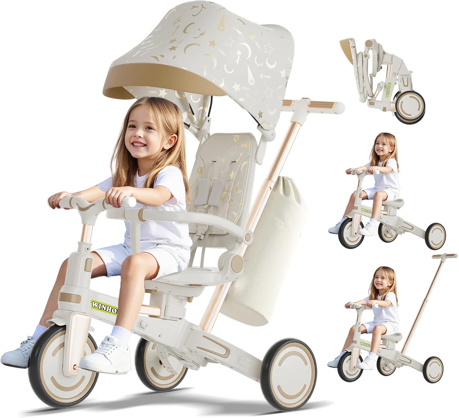 WinHope 9-in-1 Foldable Kids Tricycle with Push Handle and Canopy (White)