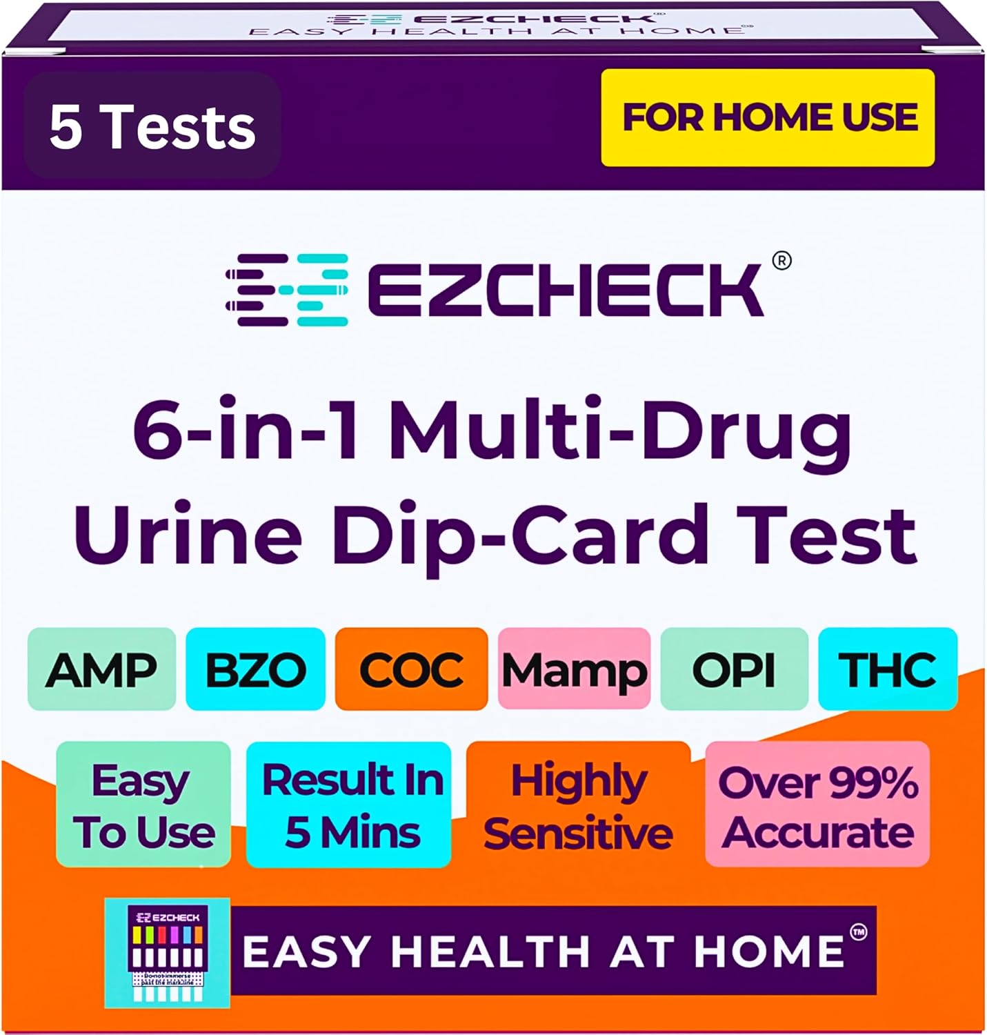 [5 Pack] EZCHECK® 6-Panel Drug Test - at-Home Rapid Urine Screening Kit for 6 Most Used Drugs: (THC-Marijuana, BZO-Benzos, MET-Meth, OPI/MOP-Opiates, AMP-Amphetamine, COC)