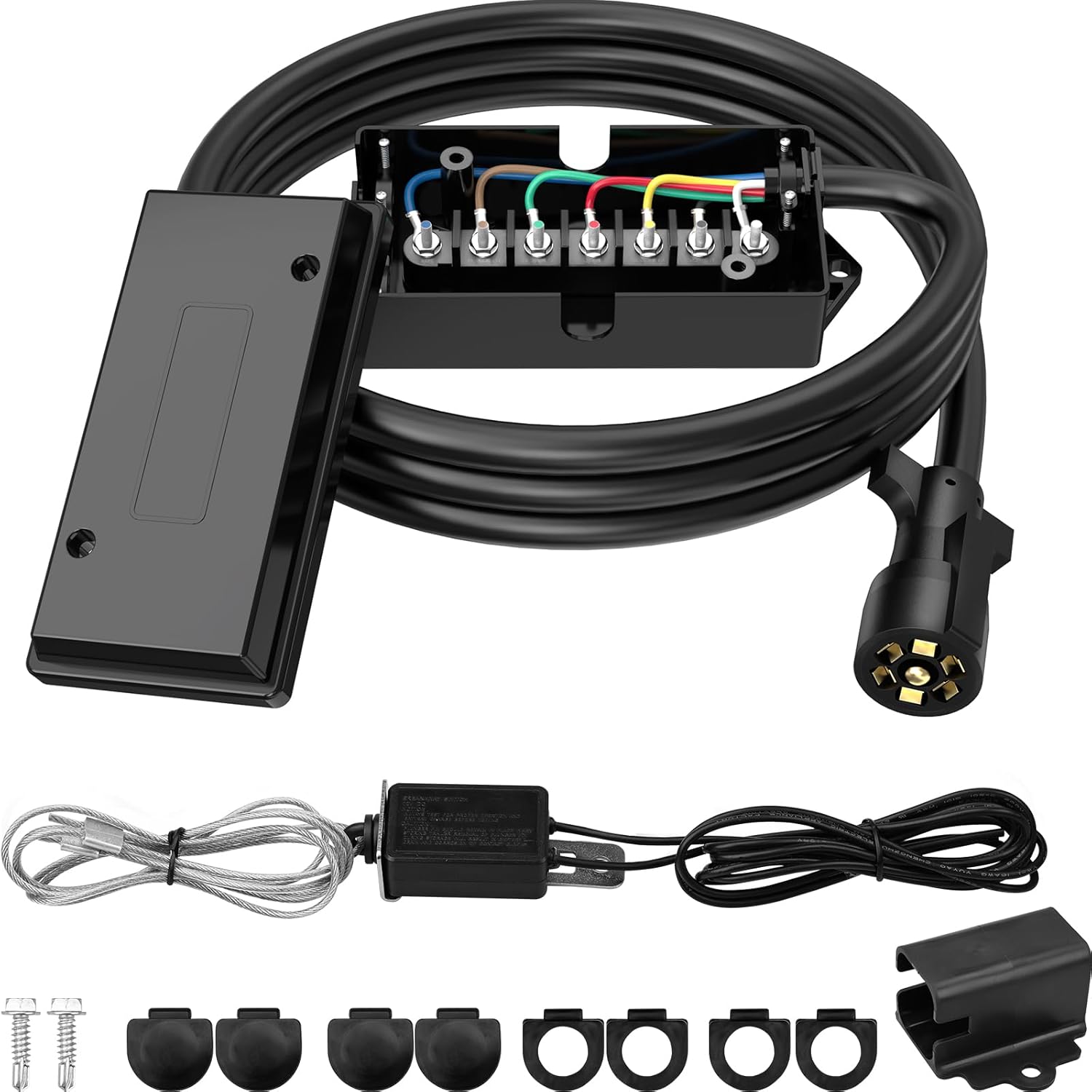 RVGUARD 7 Way Wiring Harness Kit 8 Foot Trailer Cord with 7 Gang Junction Box, Include 12V Breakaway Switch and Plug Holder, Trailer Connector Cable Wiring Harness with Junction Box