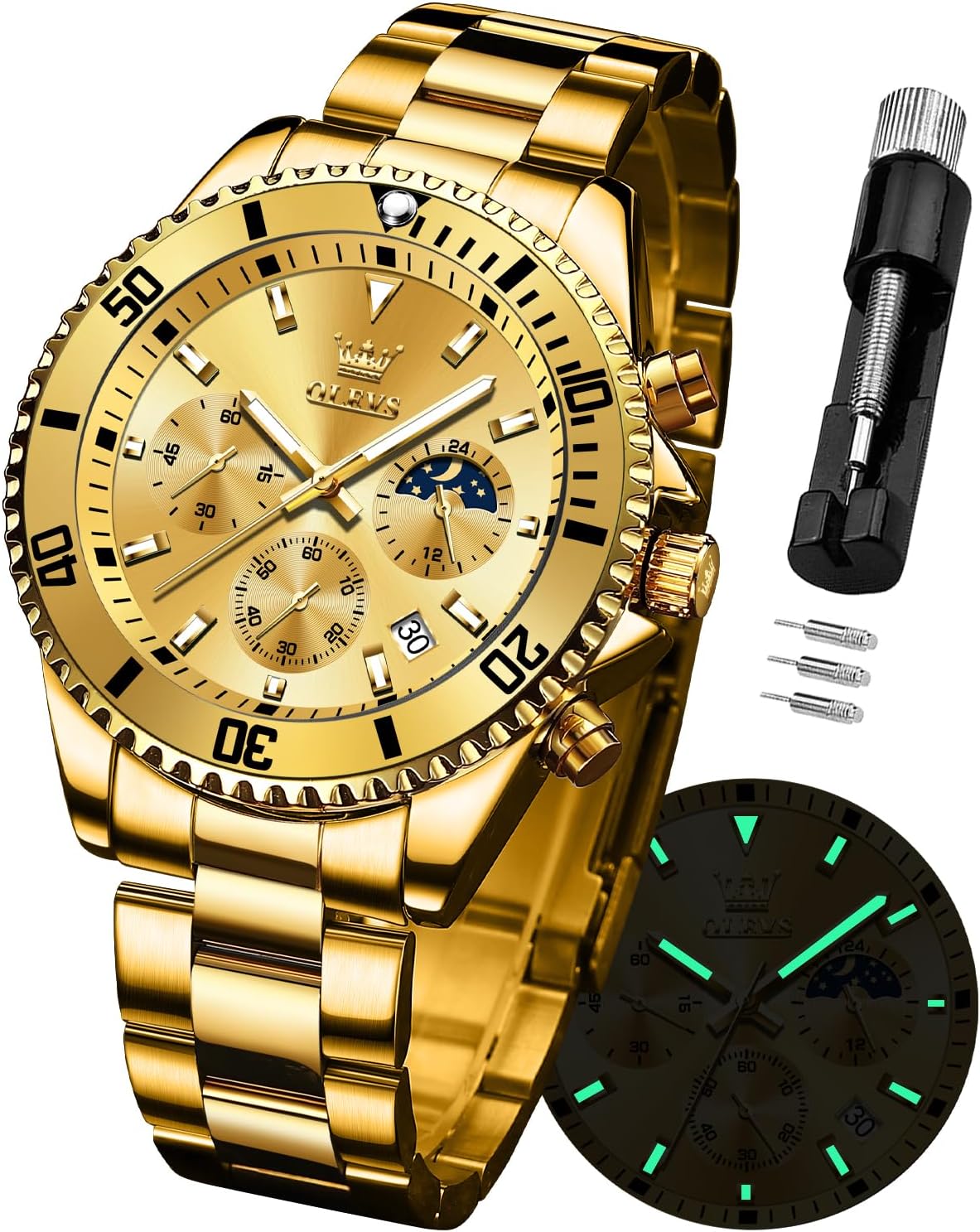 OLEVS Watches for Men Stainless Steel Analog Quartz Chronograph Moon Phase Watch Waterproof Date Luminous Wrist Male Watches,Gift for Men