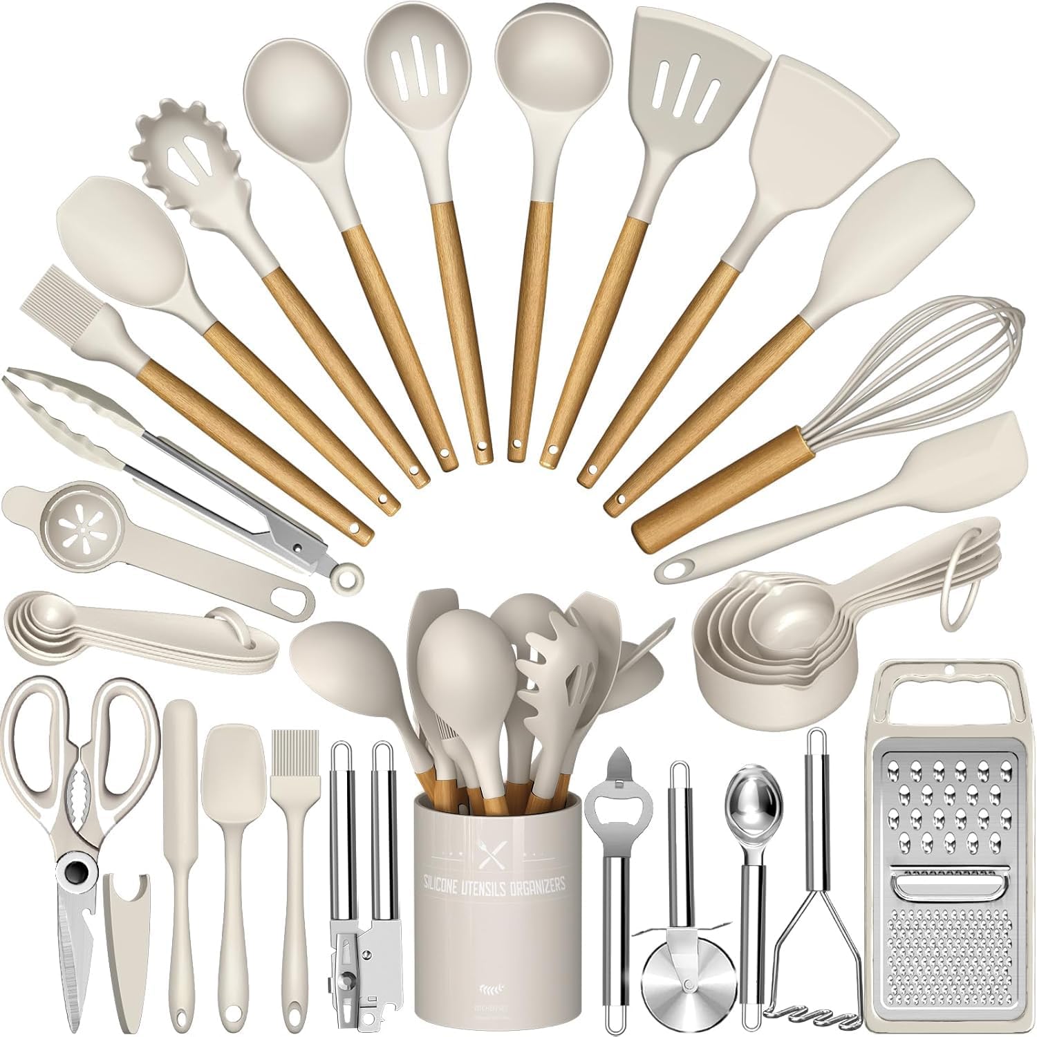 Terlulu Kitchen Utensils Set, 34PCS Silicone Cooking Utensils Set with Wooden Handle, Heat Resistant Silicone Utensil Set, Tongs Spatula Spoon Set for Nonstick Cookware, Kitchen Tools (Khaki)
