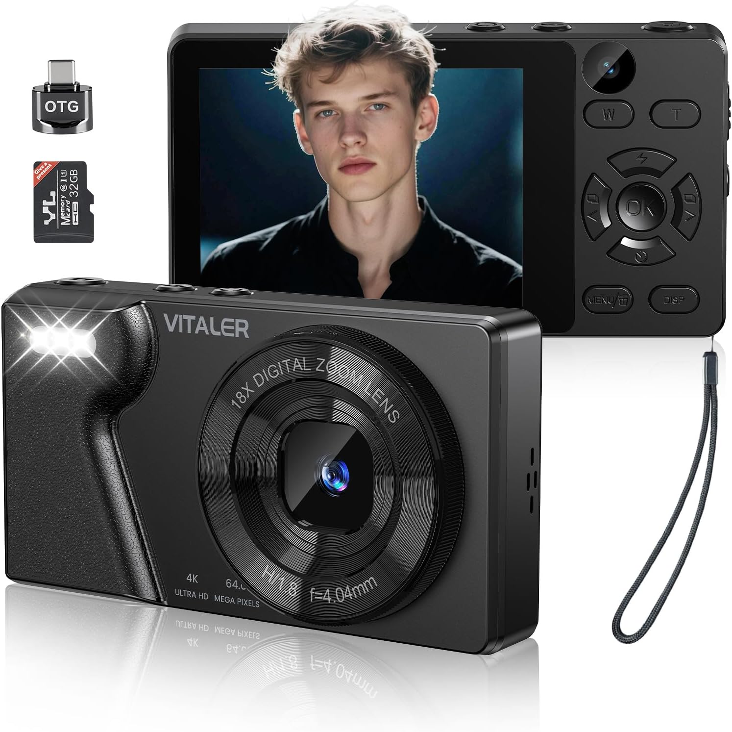 Digital Camera 4K 64MP Compact Camera with Dual Lens,2000mAh Battery,2.8" IPS Screen,18X Digital Zoom,32GB Micro SD Card and OTG Adapter Auto-Focus Small Camera for Kids,Teenagers,Beginners,Black