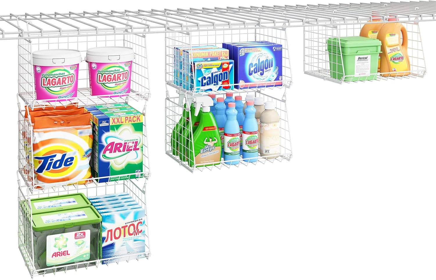 3-Tier Hanging Laundry Basket Organizer:Foldable Wire Shelf Laundry Room Organizer with 360°Rotating Hooks Space Saving Over Washer and Dryer Shelves - Metal laundry organization and storage, white