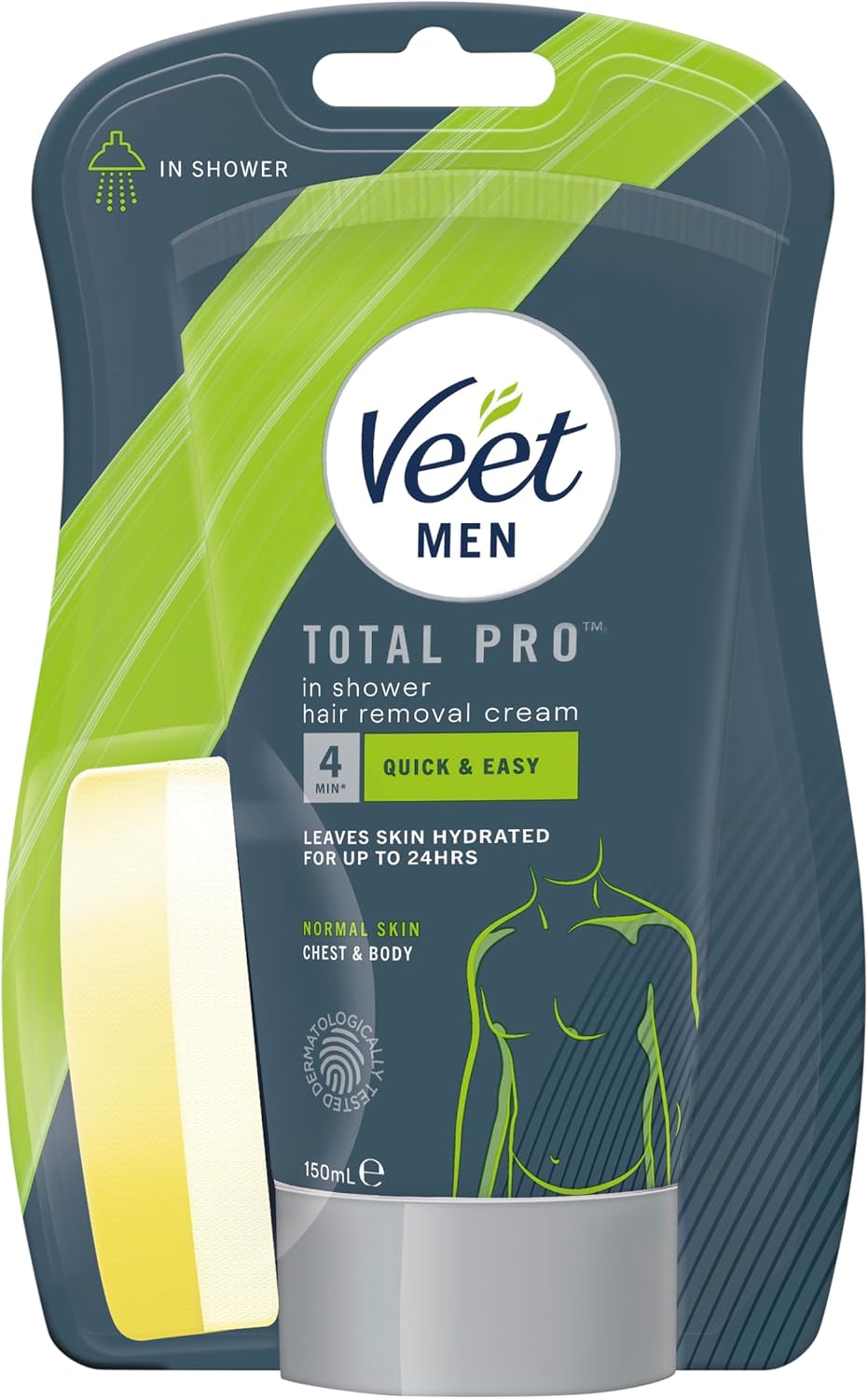 Veet Men's Hair Removal Cream 150 ml With Sponge, Quick & Effective Shower Solution, Hydrating, Dermatologically Tested, Smooth Skin, Easy Application, Ideal For Sensitive Areas