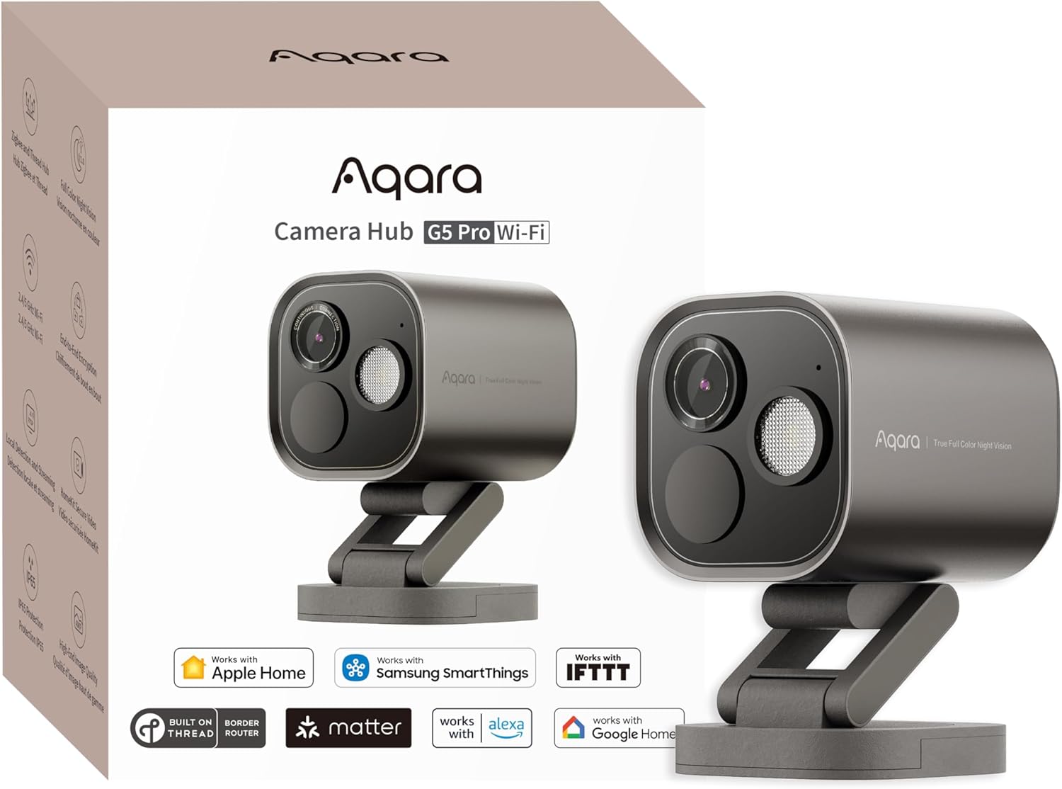 Aqara 4MP Camera Hub G5 Pro WiFi, True Color Night Vision Camera Outdoor, 2.4/5Ghz WiFi, HomeKit Secure Video, Thread Border Router, Local Detection, Thread/Zigbee, Supports Alexa, Google, Grey
