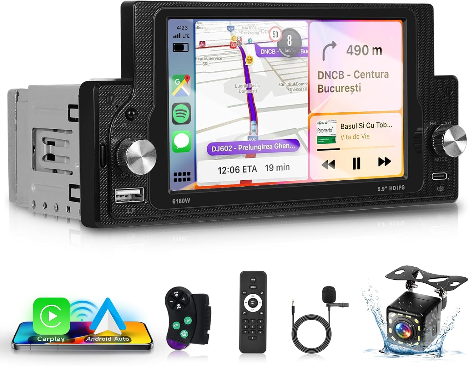 Hodozzy Single Din Car Stereo with Apple Carplay Wireless Android Auto, 5.9 inch HD IPS Touchscreen 1 Din Car Radio with Bluetooth 5.0/EQ Audio/SWC/HD Camera+USB/Type-C Ports+Remote Control