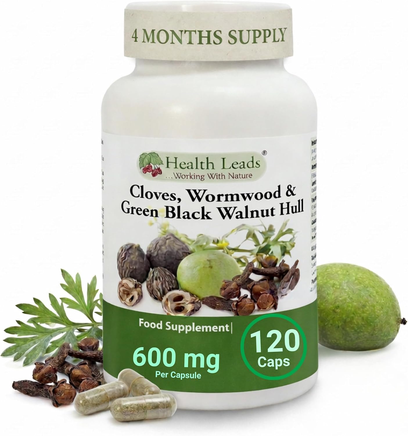 Wormwood Black Walnut and Clove Capsules 600mg Per Capsule – Triple Herbal Complex – Green Walnut Hull Extract – 120 Vegan Capsules (4 Month Supply, 1 Per Day)