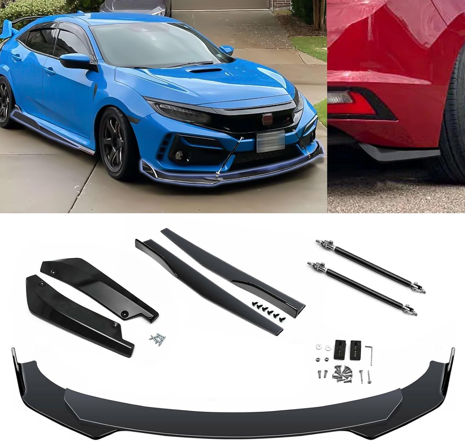 Xotic Tech 9Pcs Front Bumper Lip Chin Spoiler + Side Skirt Winglets Diffuser + Rear Bumper Canard Splitter Car Body Kits + Black Adjustable 10"-13" Support Rods Universal Fit Most Vehicles