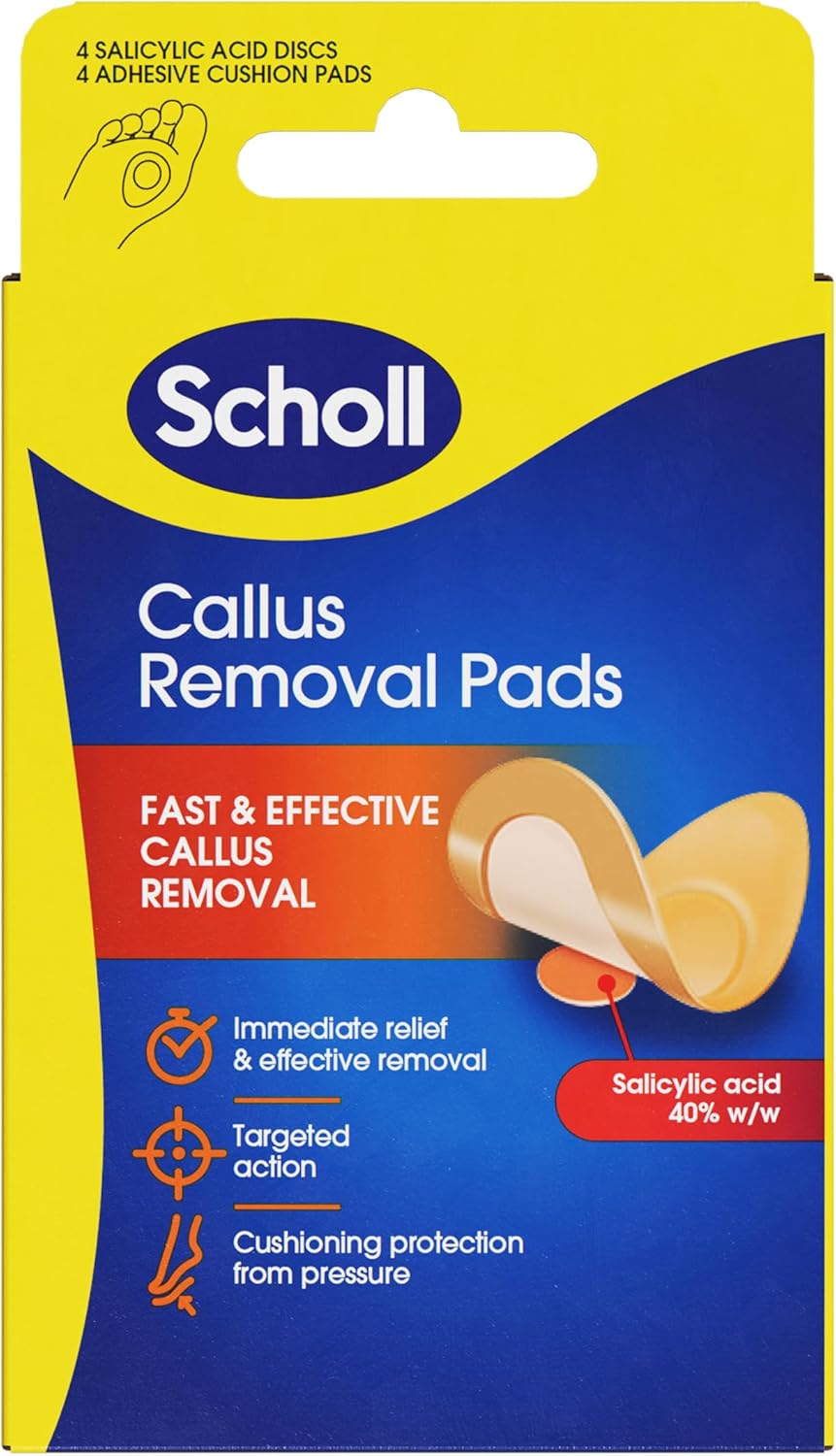 Scholl Callus Remover Pads for Feet - Targeted Action with 4 Salicylic Acid Discs and 4 Adhesive Cushion Pads for Fast & Effective Callus Removal, Soft Pads for Immediate Protection from Rubbing