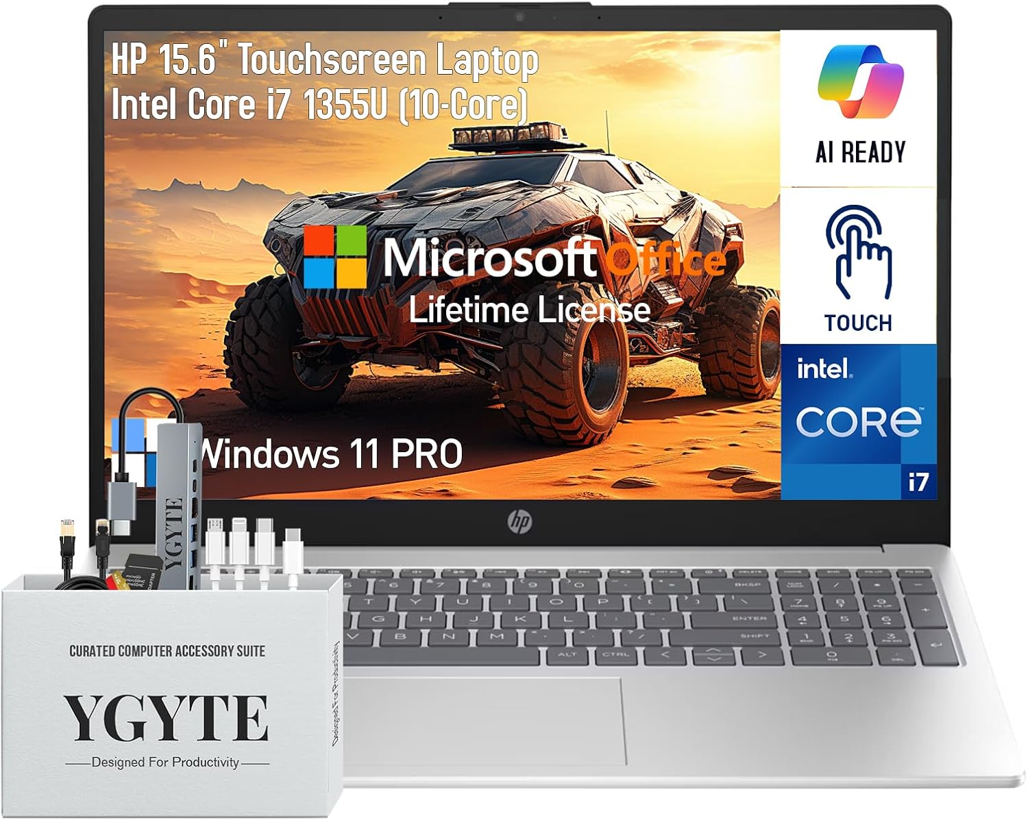 HP 15 Inch Laptop Touchscreen Computer PC, 15.6 FHD IPS Touch Screen Business Laptop, Intel 10-Core i7-1355U, Windows 11 Pro Lifetime Office, 40GB RAM 1TB SSD+512GB Docking Set, 10 Key Number Pad