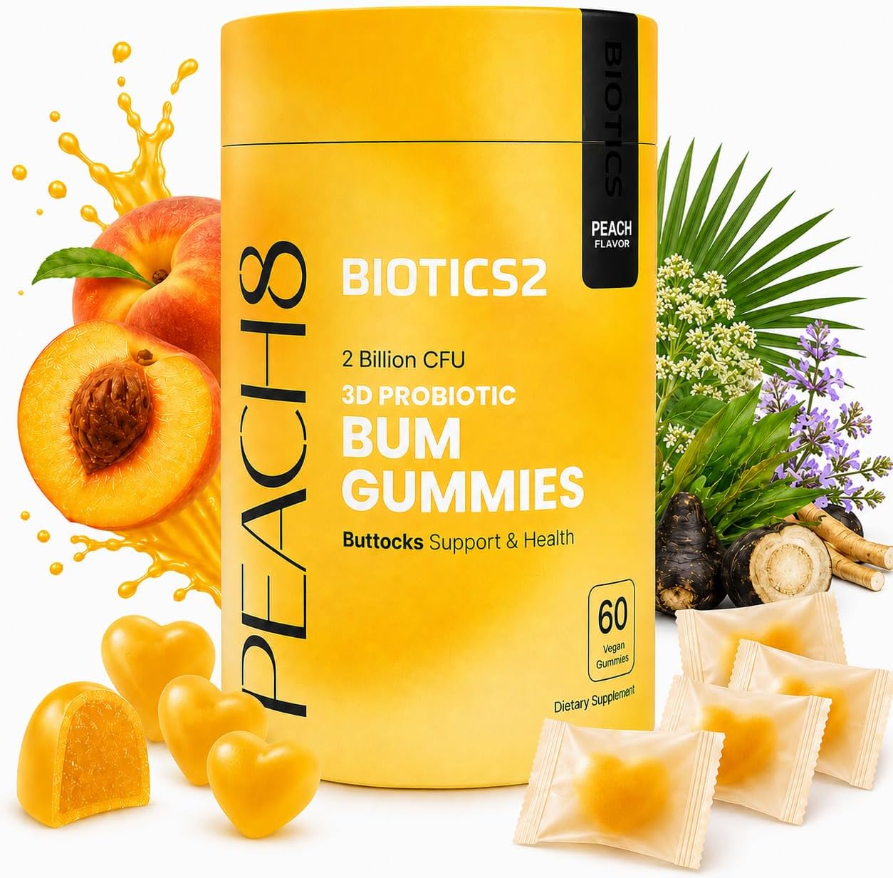 Peach8 BBL Booty Gummies for Womens Hip Butt & Curves 2x Billion Probiotics