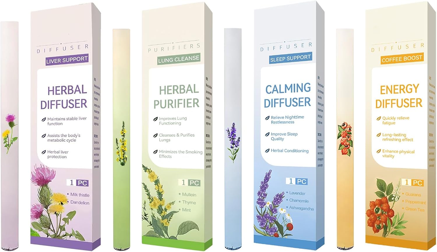 Herbal Diffuser Pen, 4x15g Guarana Energy Herbal Aromatherapy Inhaler, Natural Mullein Lung Detox Aromatherapy Diffuser Pens, Guarana Energy Herbals Lung Cleansing Inhaler Pen, for Men Women