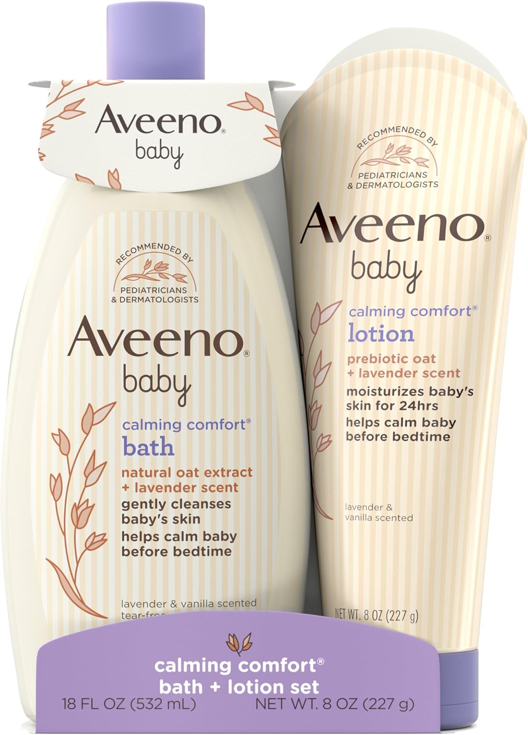 Aveeno Baby Calming Comfort Bath & Lotion Set, Nighttime Baby Skin Care Products with Natural Oat, Lavender & Vanilla Scents, Paraben-, Phthalate- & Phenoxyethanol-Free, 2 Items