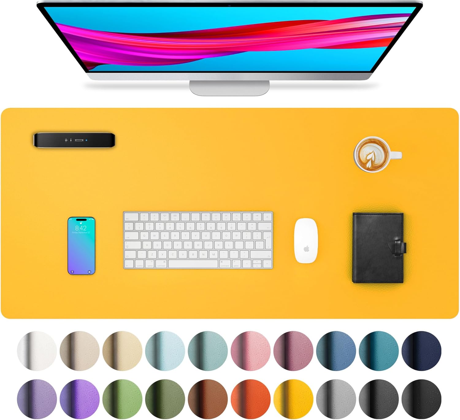 Aothia Leather Desk Mat, Large Mouse Mat, Non-Slip Desk Pad Desk Protector Mat, Waterproof PU Leather Laptop Mat Table Mat Desk Writing Pad for Office and Home(80cmx40cm,Lemon Yellow)