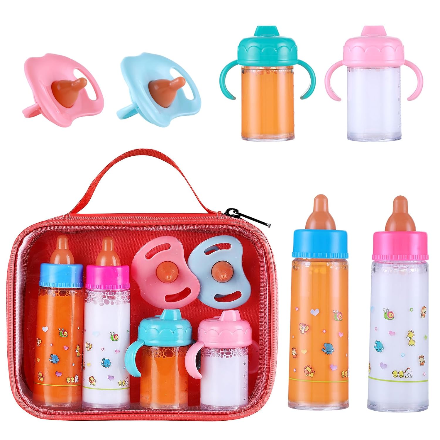 Magic Disappearing Milk and Juice Bottle with Pacifier,6 Pieces Pretend Play Feeding Toy Set with Package, Baby Doll Accessories for Girl
