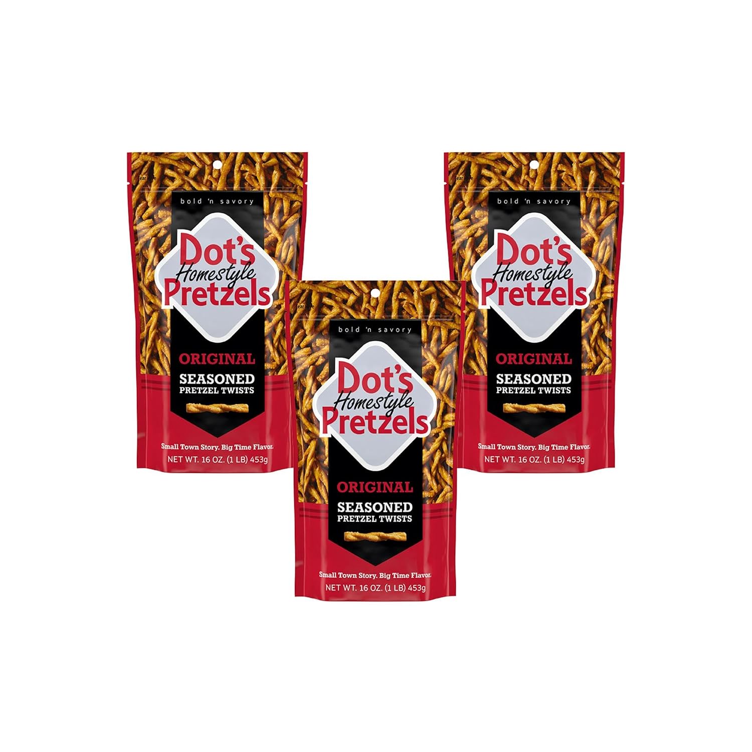 Dot's Pretzels Original Seasoned Pretzel Twists, Healthy Kids Snacks, 16oz Grocery Sized Bag (Pack of 3)