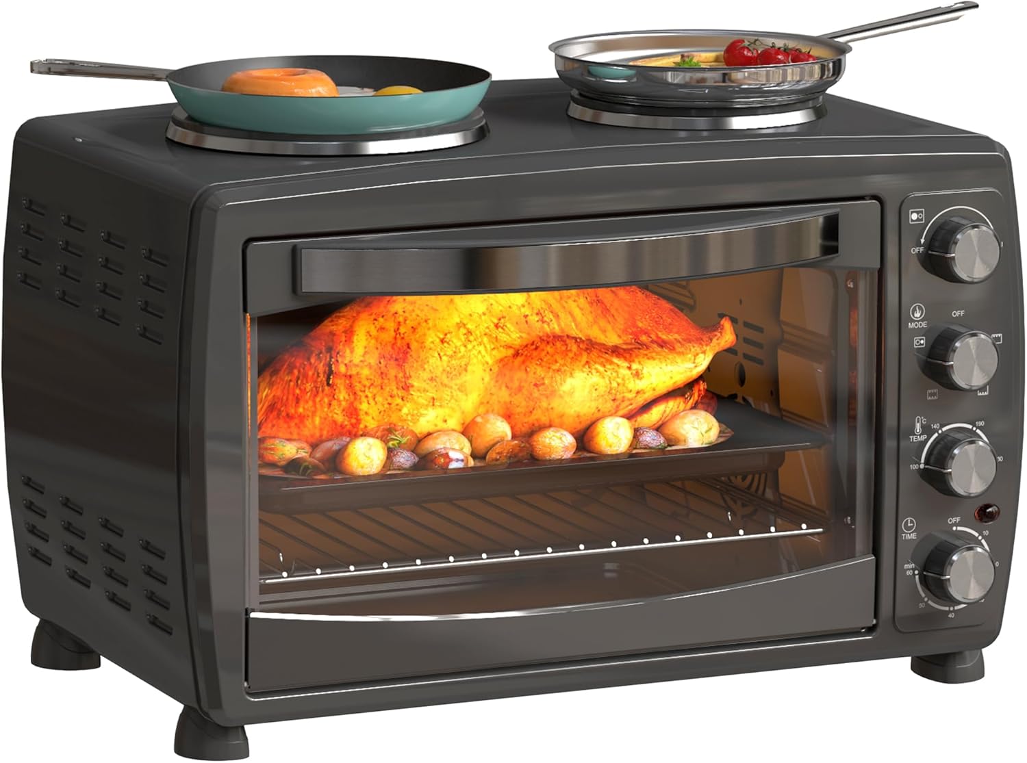 HOMCOM 36L Small Oven with 2 Hot Plates, Countertop Toaster Oven, Grill, Roast, Bake, Boil, with Timer, Adjustable Temperature, Electric Oven with Baking Tray, Grill Rack, Crumb Tray, 2600W, Black