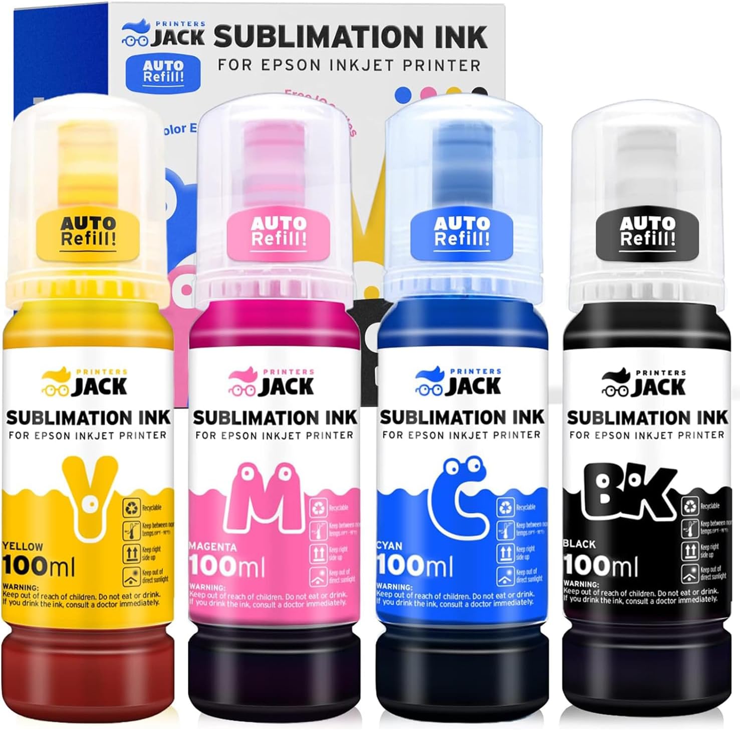 Printers Jack Sublimation Ink Auto Refilled bottles work with Supertank Printers ET2800 ET15000 ET-2720 ET-4700 ET-2760 ET-3760 ET-4760 ET-2700 ET-2750 ET-4750 L3110 /Upgrade Version/Free ICC Printing