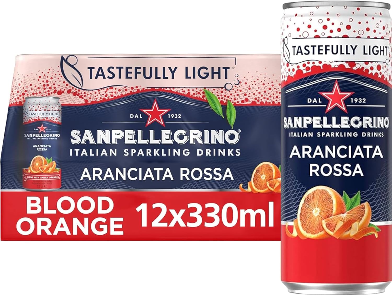San Pellegrino Italian Sparkling Drinks Tastefully Light Sparkling Blood Orange Canned Soft Drink 12 x 330ml | 69 kCals per Can