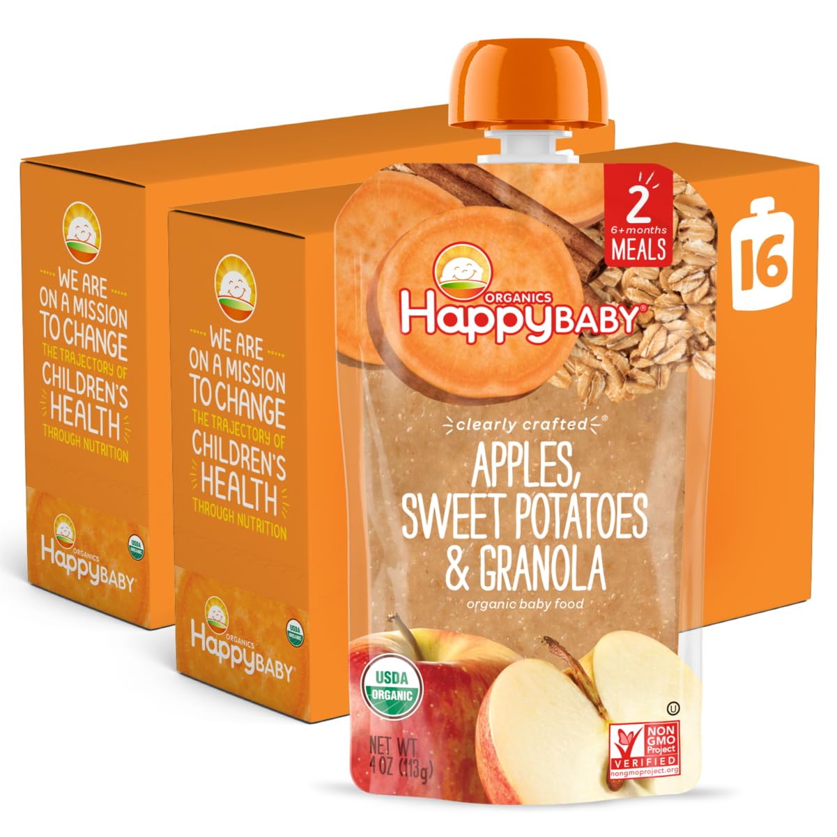 Happy Baby Organics Stage 2 Baby Food Pouches, Gluten Free, Vegan & Healthy Snack, Clearly Crafted Fruit & Veggie Puree, Apples, Sweet Potatoes & Granola, 4 Ounces (Pack of 16)