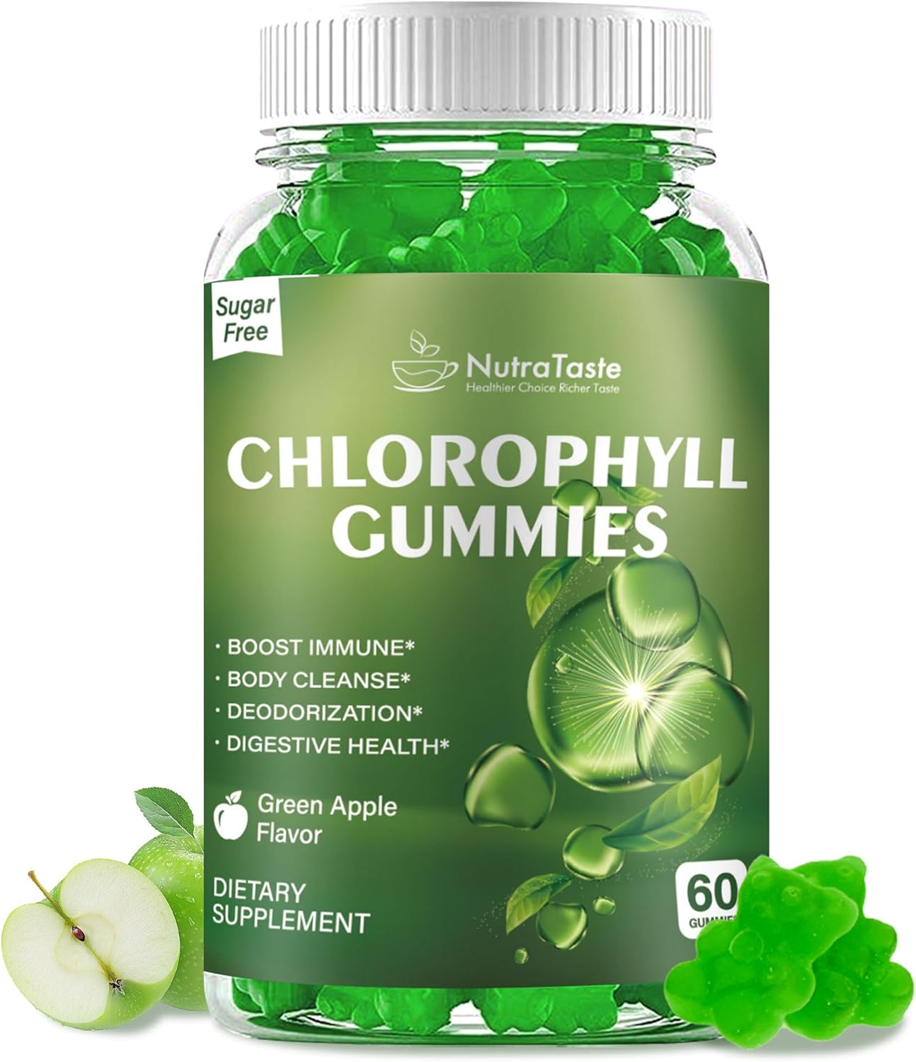 Chlorophyll Gummies with Vitamin C, D3, E, B12 & Zinc, Supports Boost Immune, Digestion Health & Body Cleanse | Vegan, Sugar-Free, Non-GMO | Green Apple Flavor, 60 Count (Pack of 1)