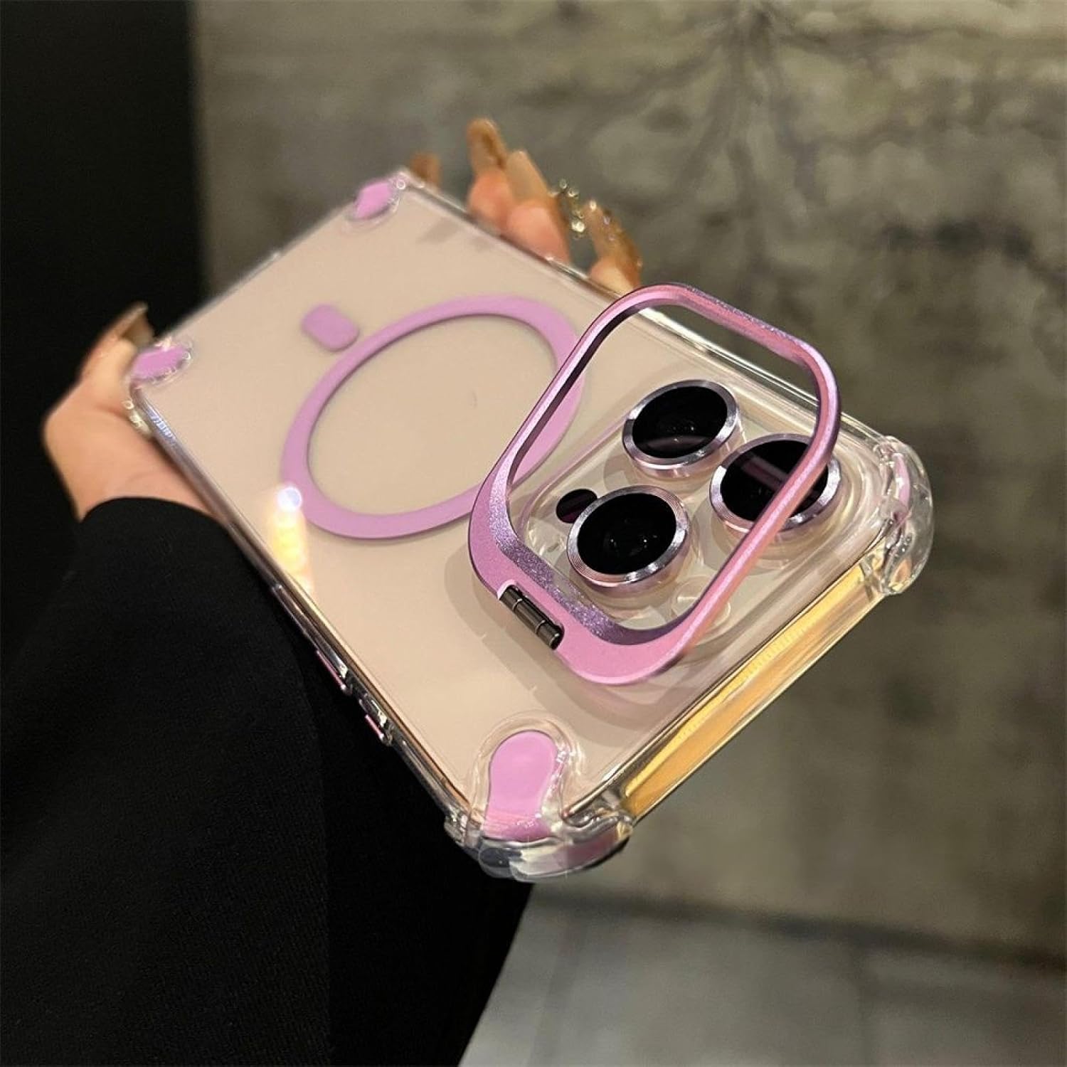 HUUMAGIC Lens Glass Camera Protection Stand Magnetic Phone Case for Iphone 15 11 12 13 14 16 Pro Max 16 Plus Clear Cover(For iPhone 15 ProMax/Purple)