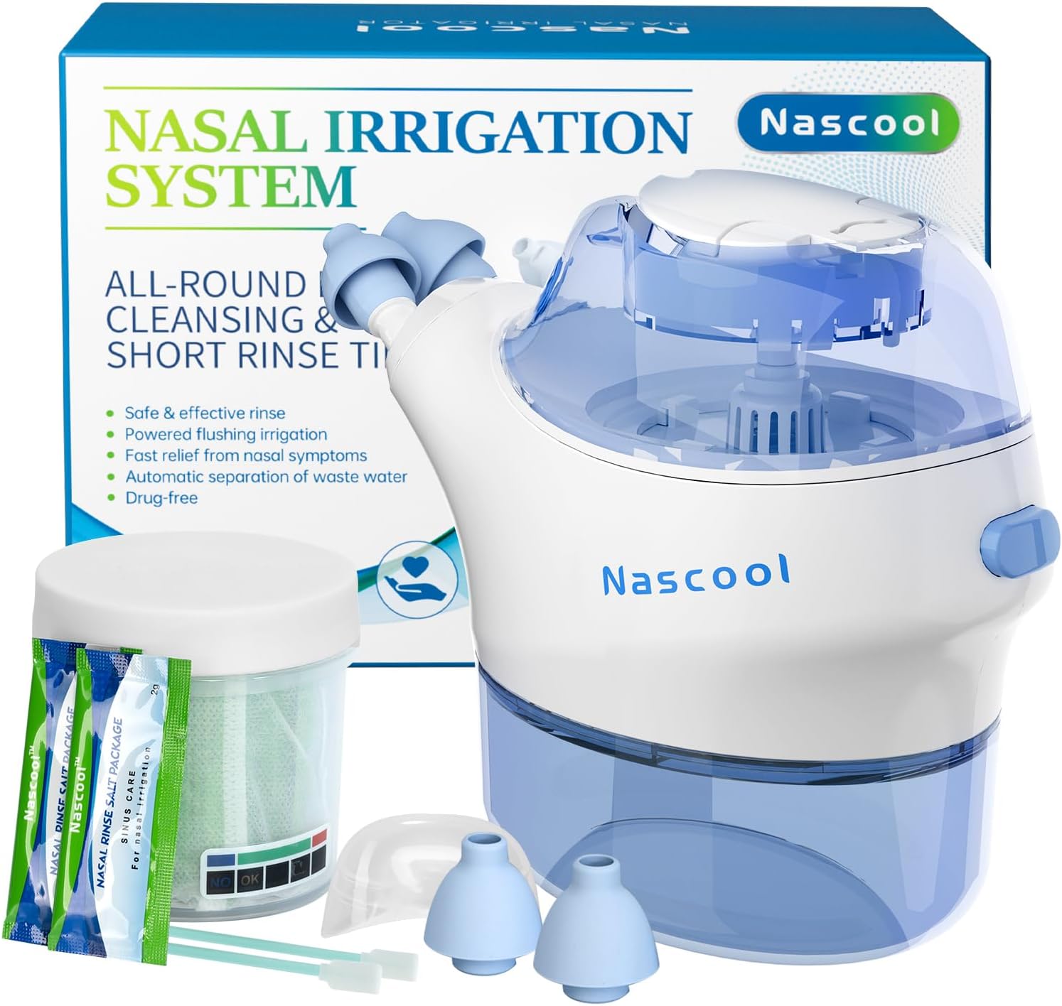 Nascool Nasal Irrigation System 50 Salt Packets Included, Nasal Irrigator for Sinus Relief & Nasal Care, Sinus Rinse Machine & Nose Cleaner